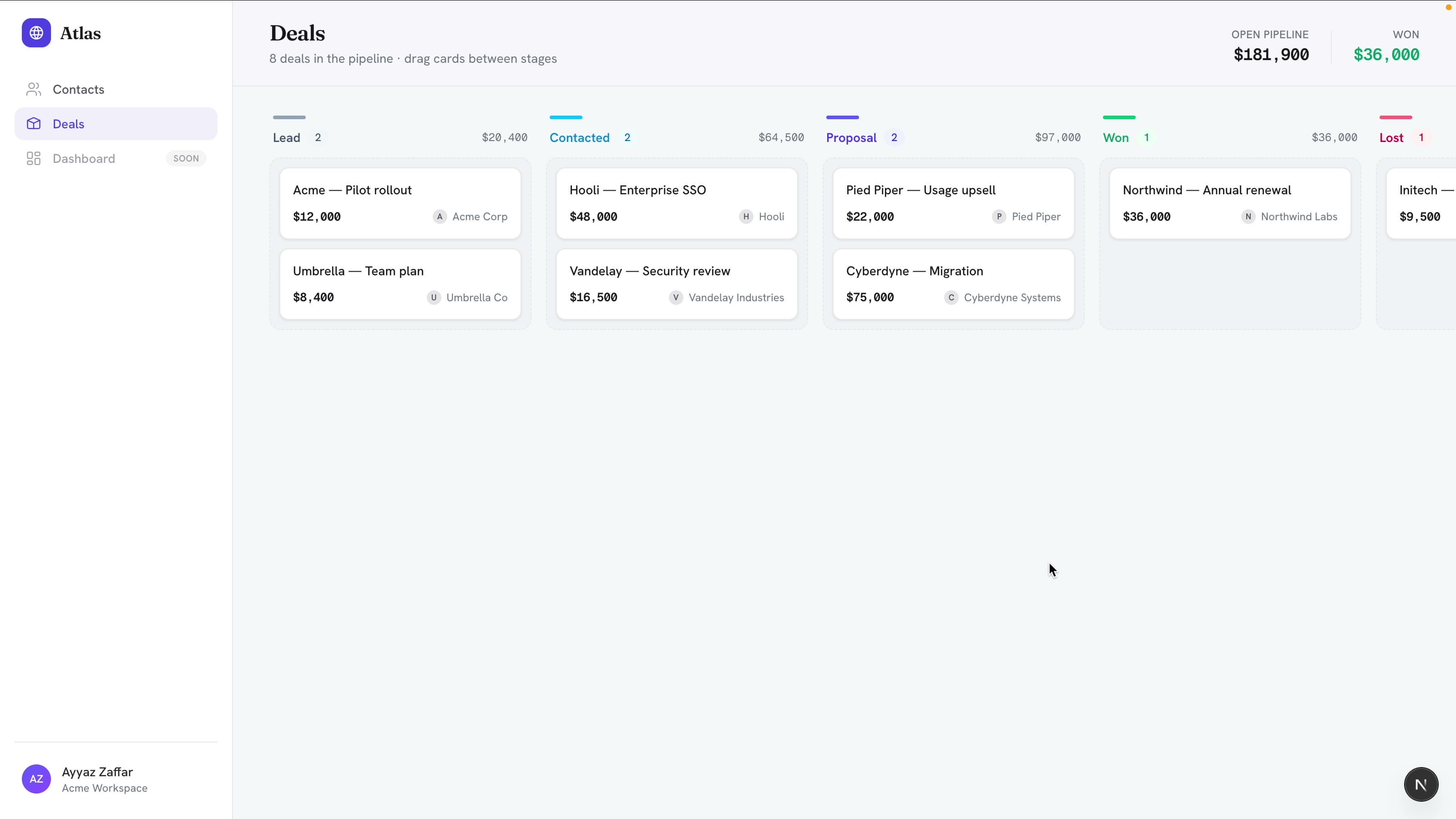 Drag and drop Kanban deal pipeline with Lead, Contacted, Proposal, Won and Lost columns