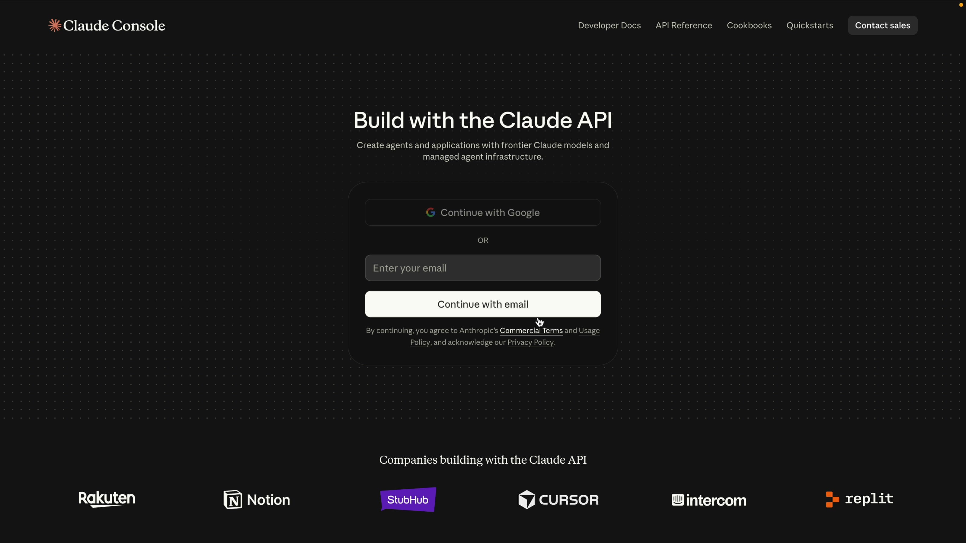 Anthropic Claude API console where you create an API key