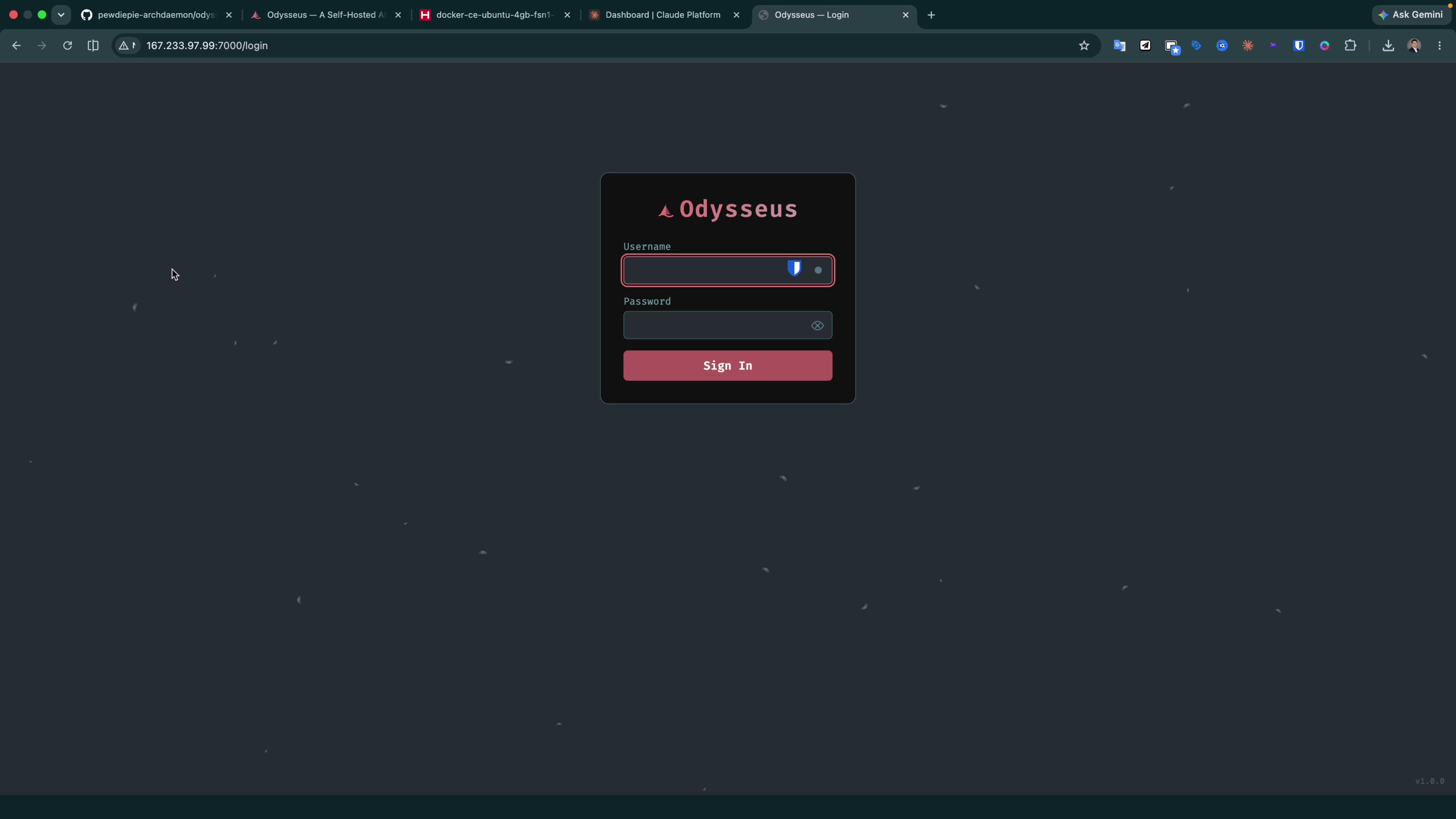 Odysseus login screen served from the Hetzner server IP on port 7000