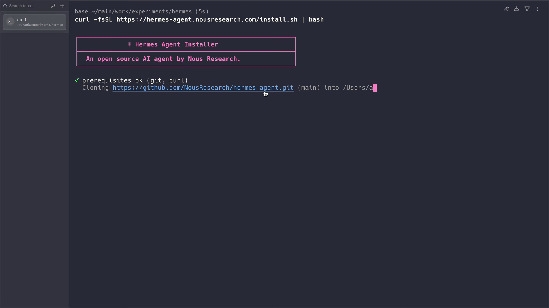 Terminal running the Hermes Agent curl install command