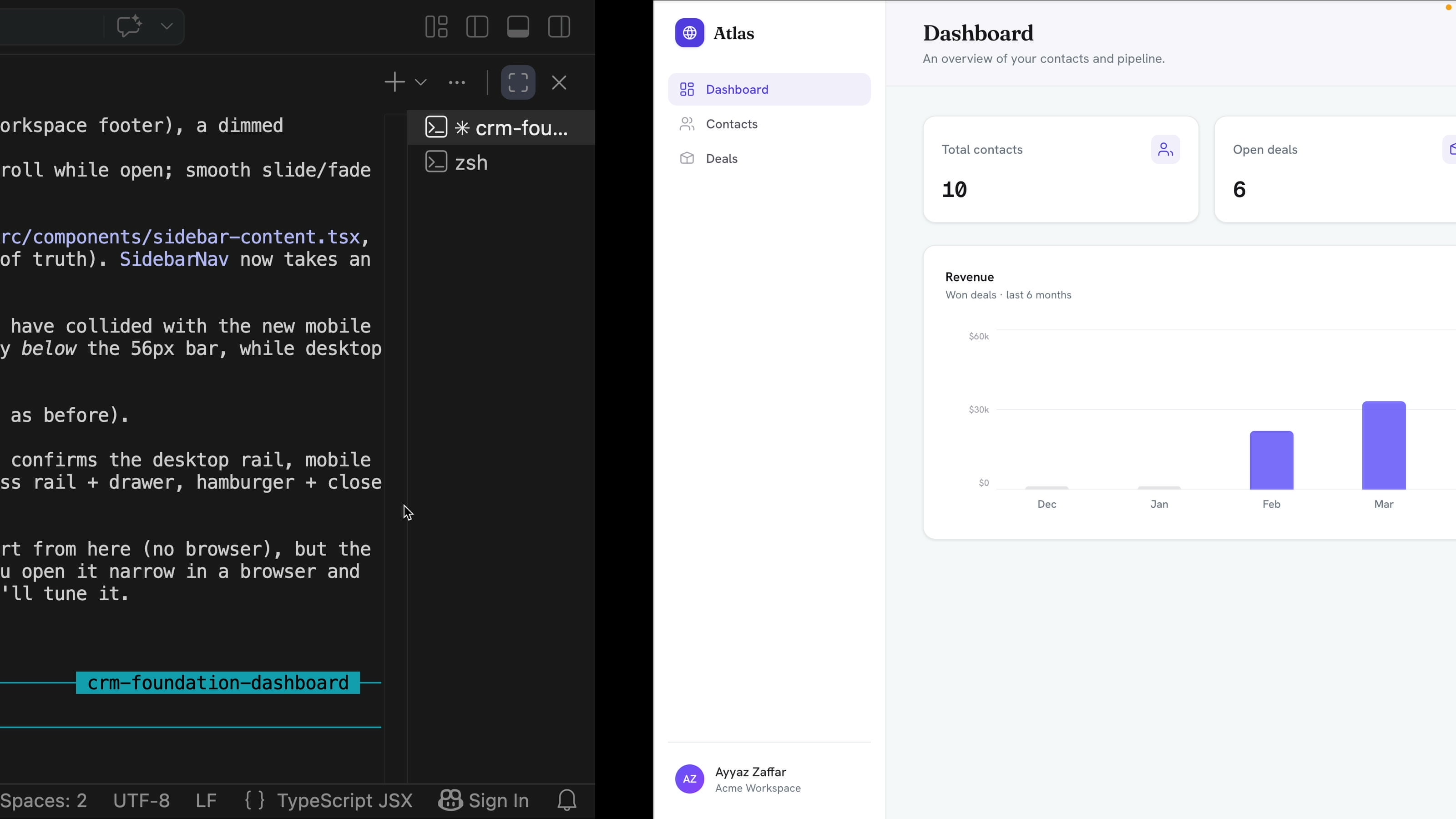CRM dashboard with total contacts, open deals, and a revenue chart