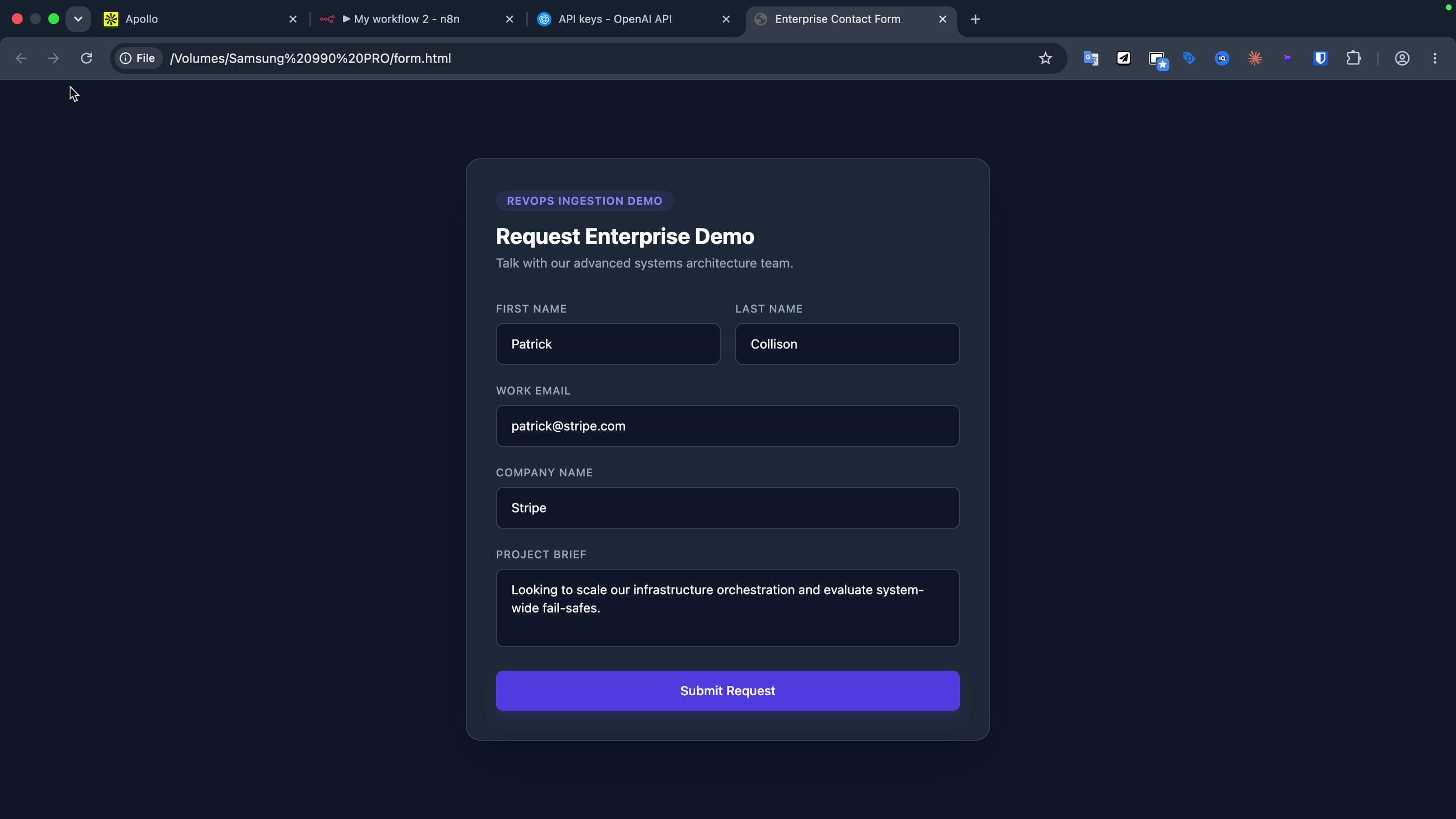 A contact form filled with an enterprise lead, ready to POST to the n8n webhook