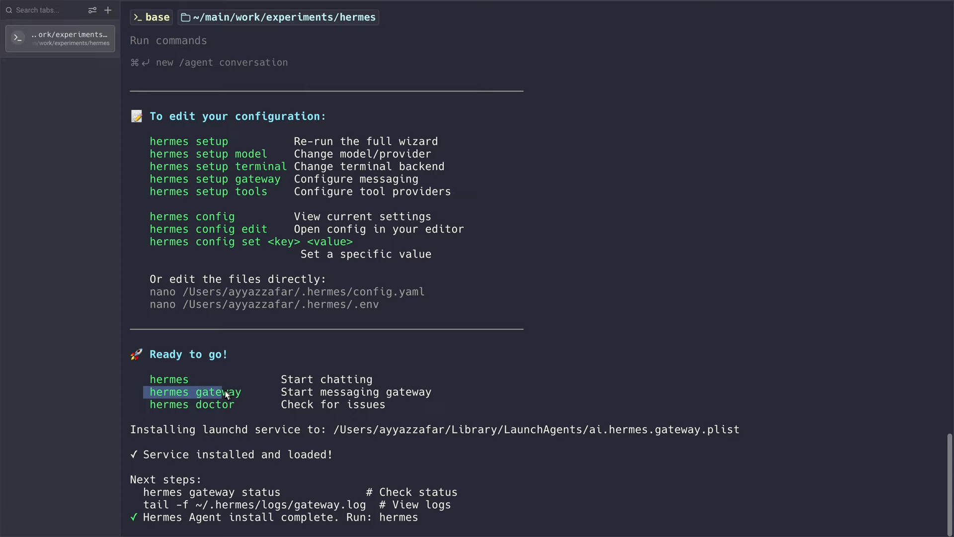 Hermes Agent setup summary with the Ready to go section listing the hermes and hermes gateway commands