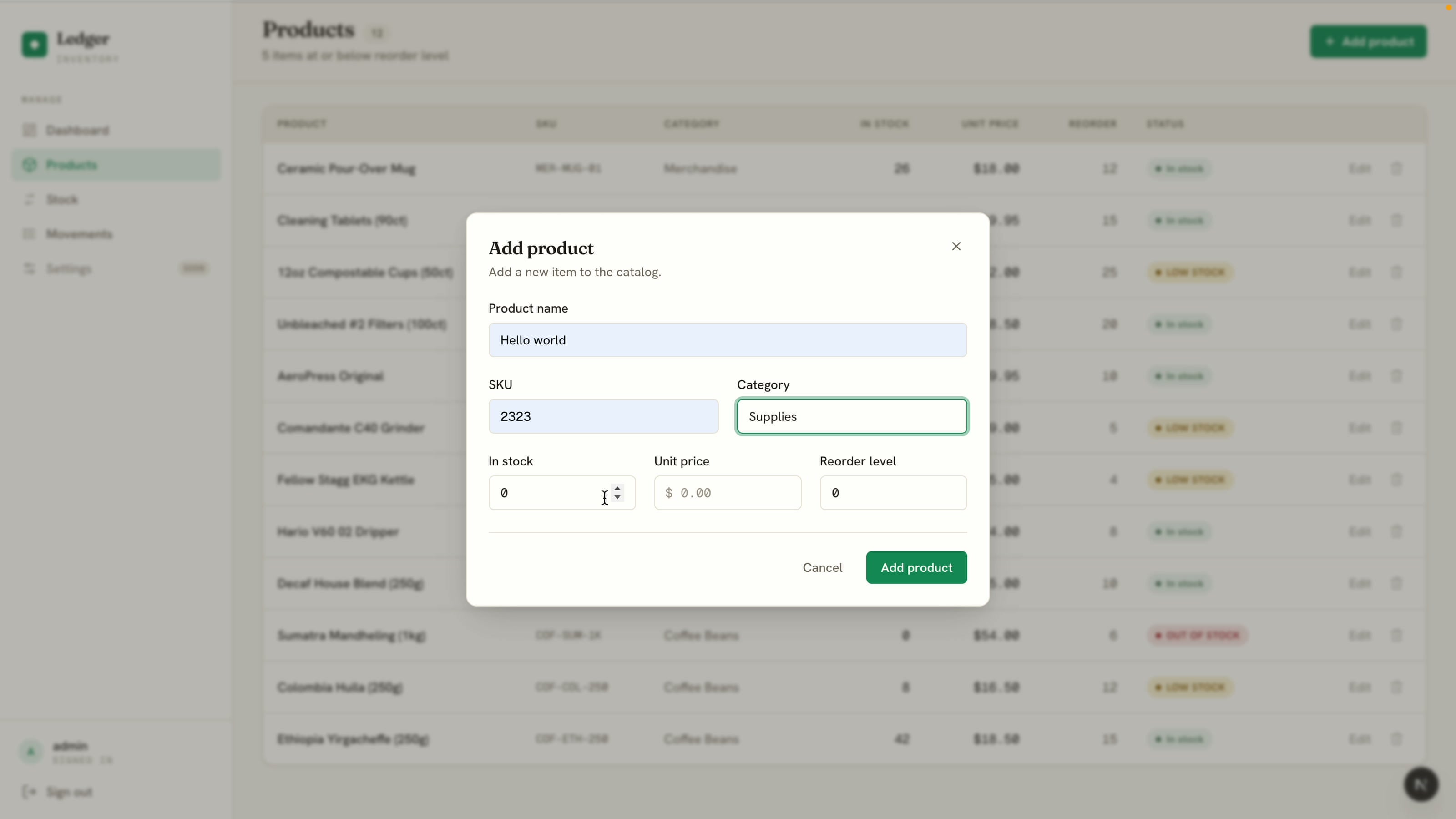 Add product modal with SKU, category, quantity, unit price, and reorder level fields