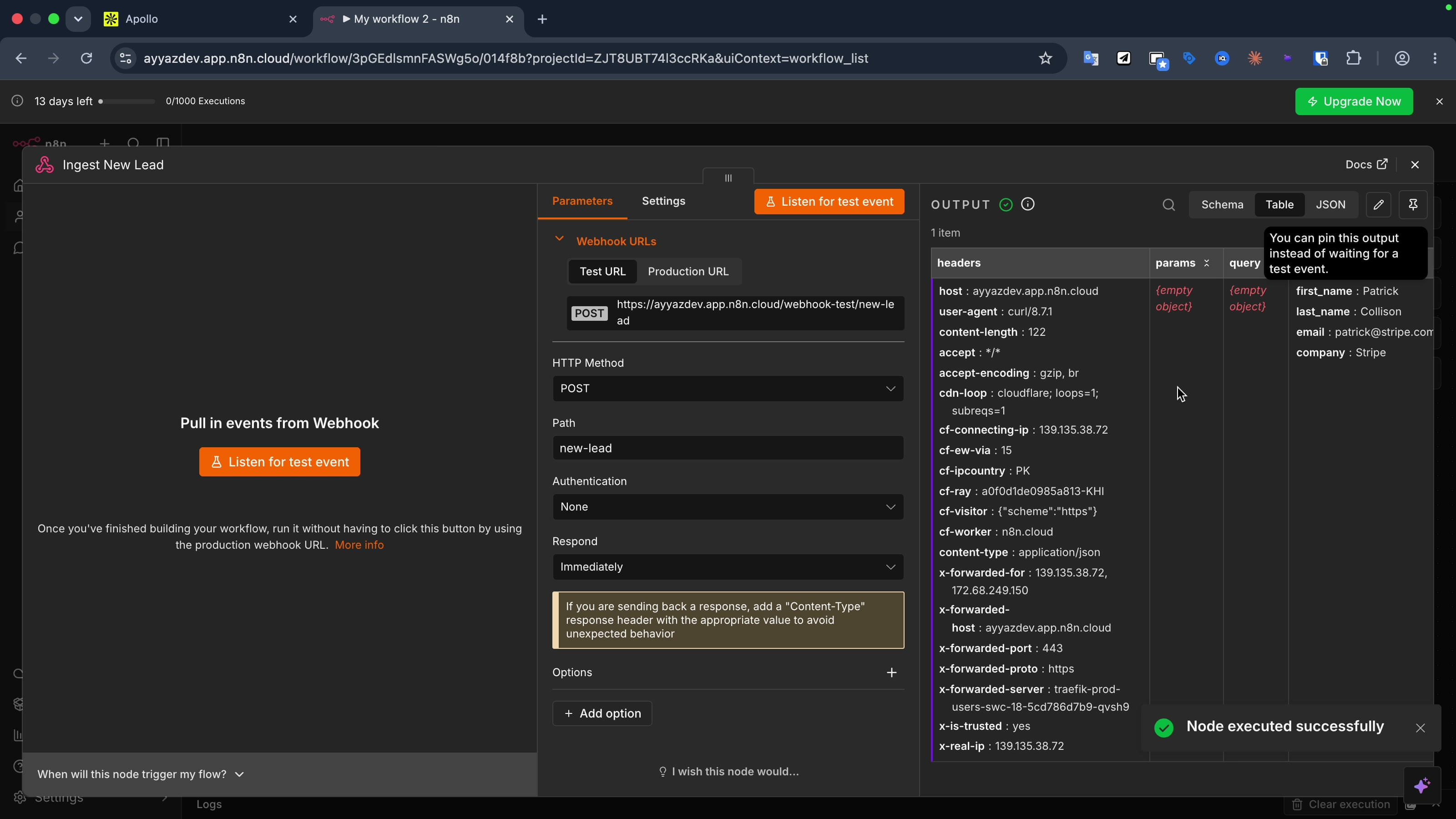 n8n webhook node receiving the test lead payload with name, email and company