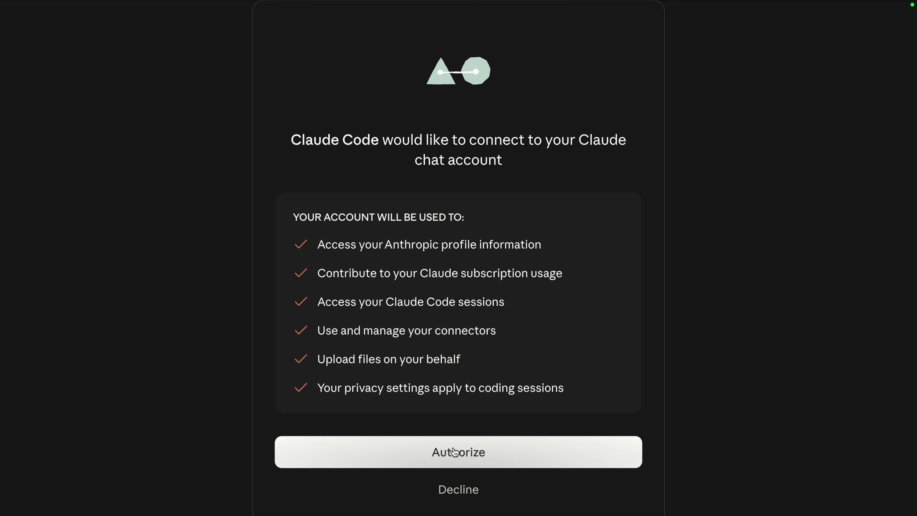 Browser showing the Claude Code authorize dialog that connects the headless server to your Claude account