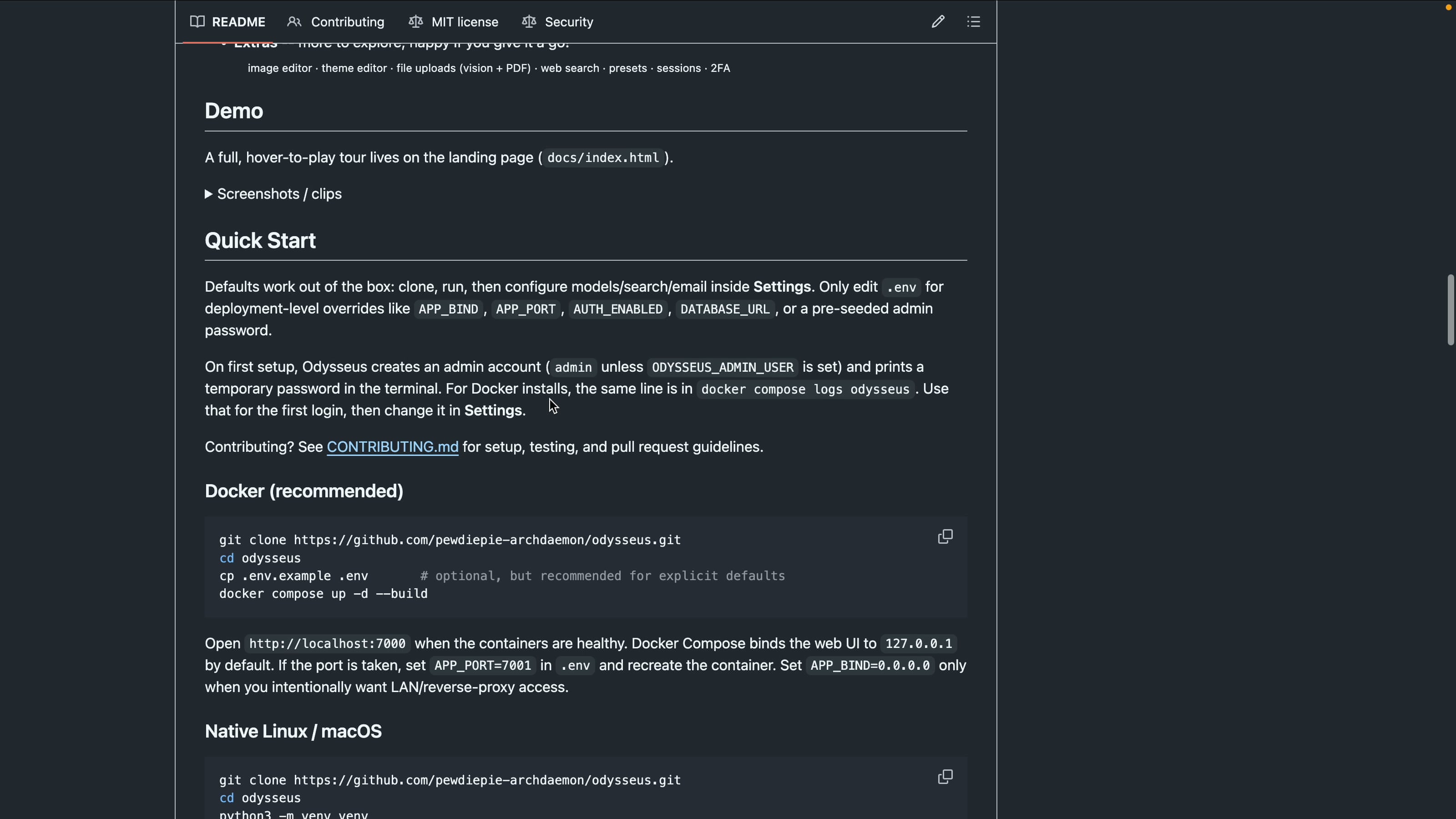 Odysseus GitHub repo Quick Start with the Docker setup commands