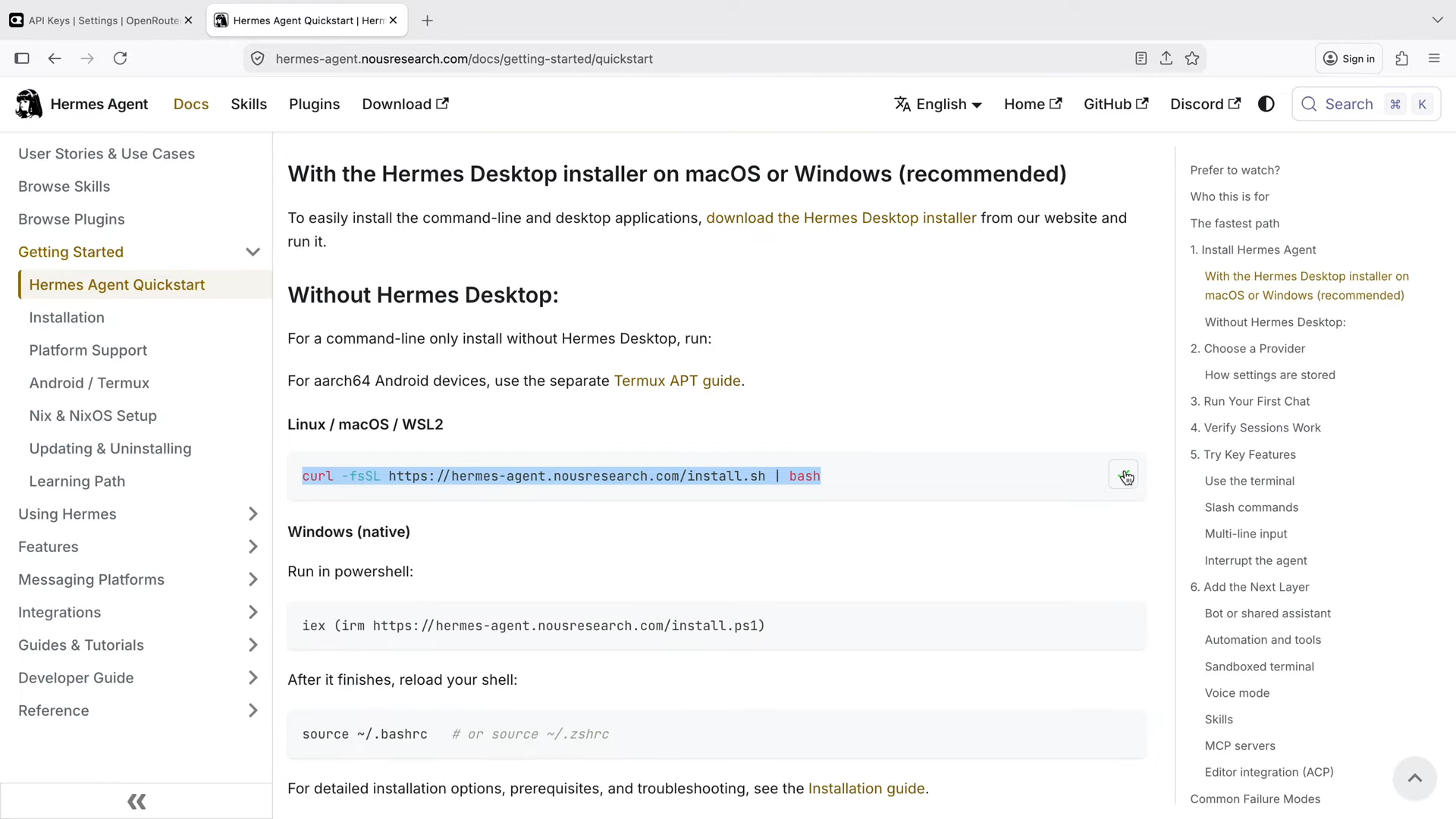 Hermes Agent Quickstart docs showing the install section without Hermes Desktop, with the curl install command