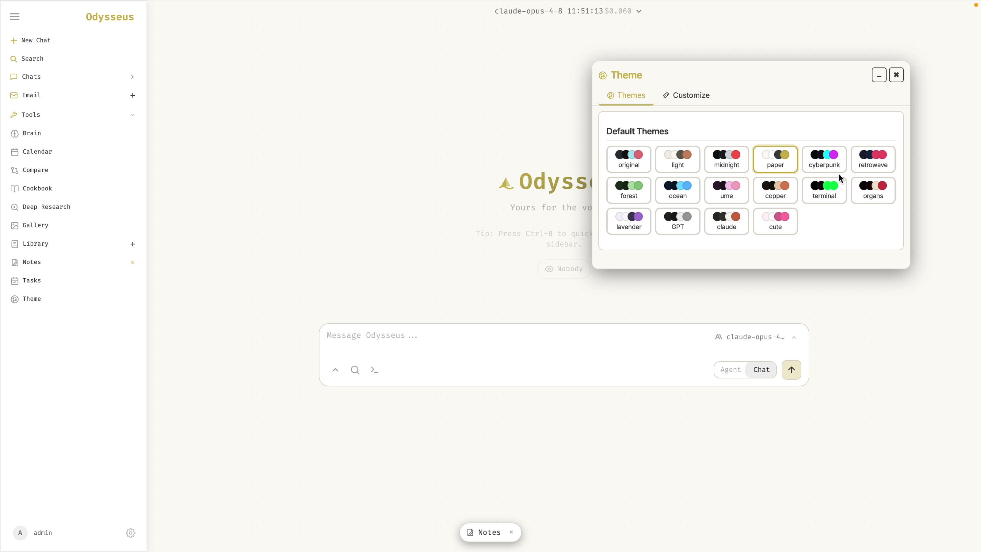 Odysseus theme picker with ChatGPT and Claude themes