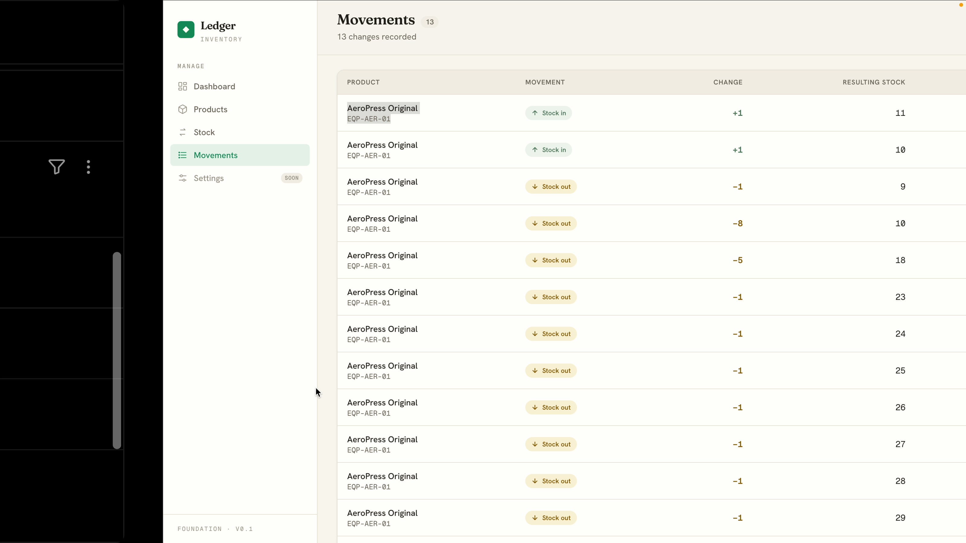 Movements log showing every stock change with product, type, amount, resulting quantity, and time