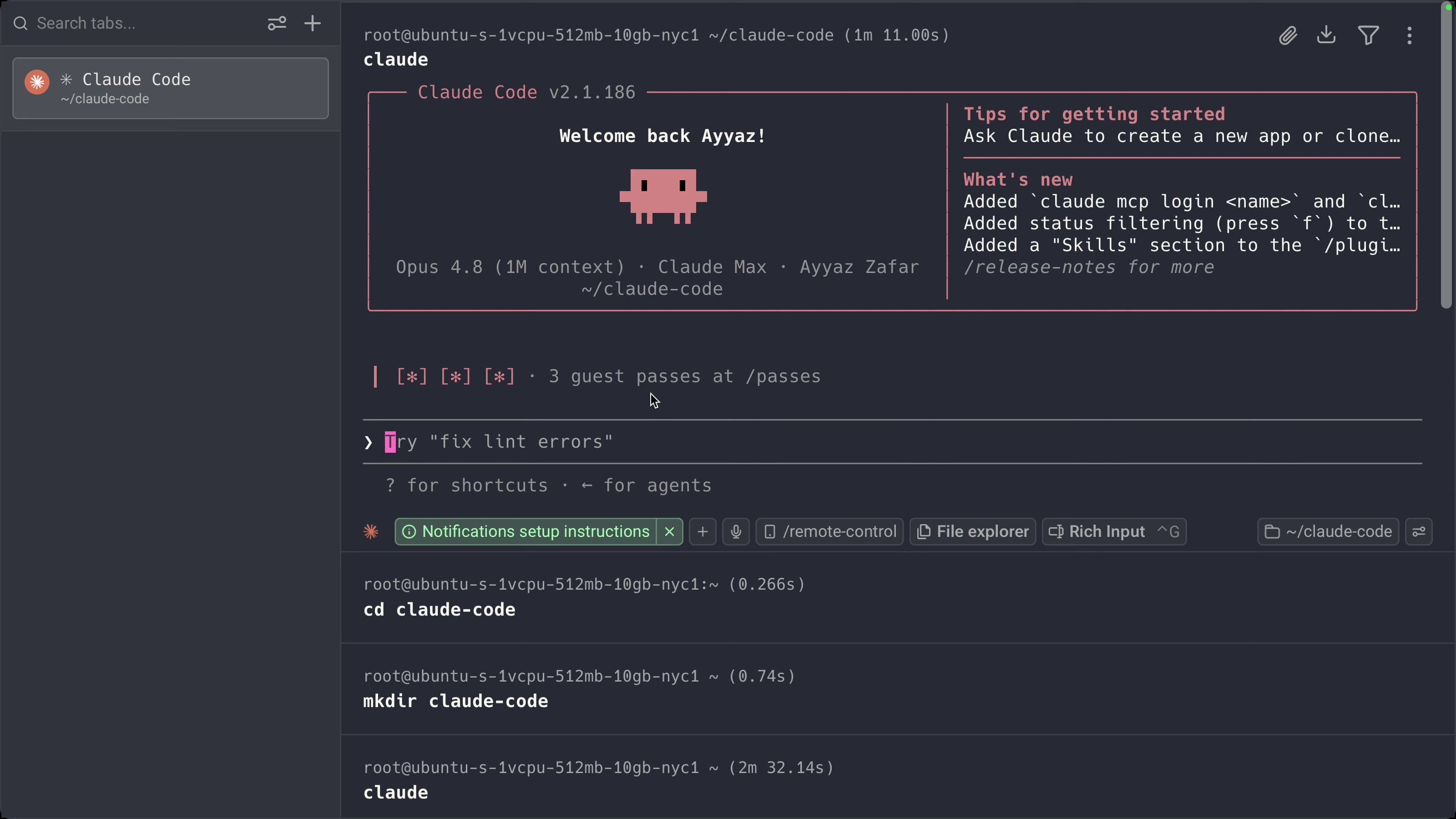 Claude Code v2 running inside a tmux session on the cloud server, welcome screen visible
