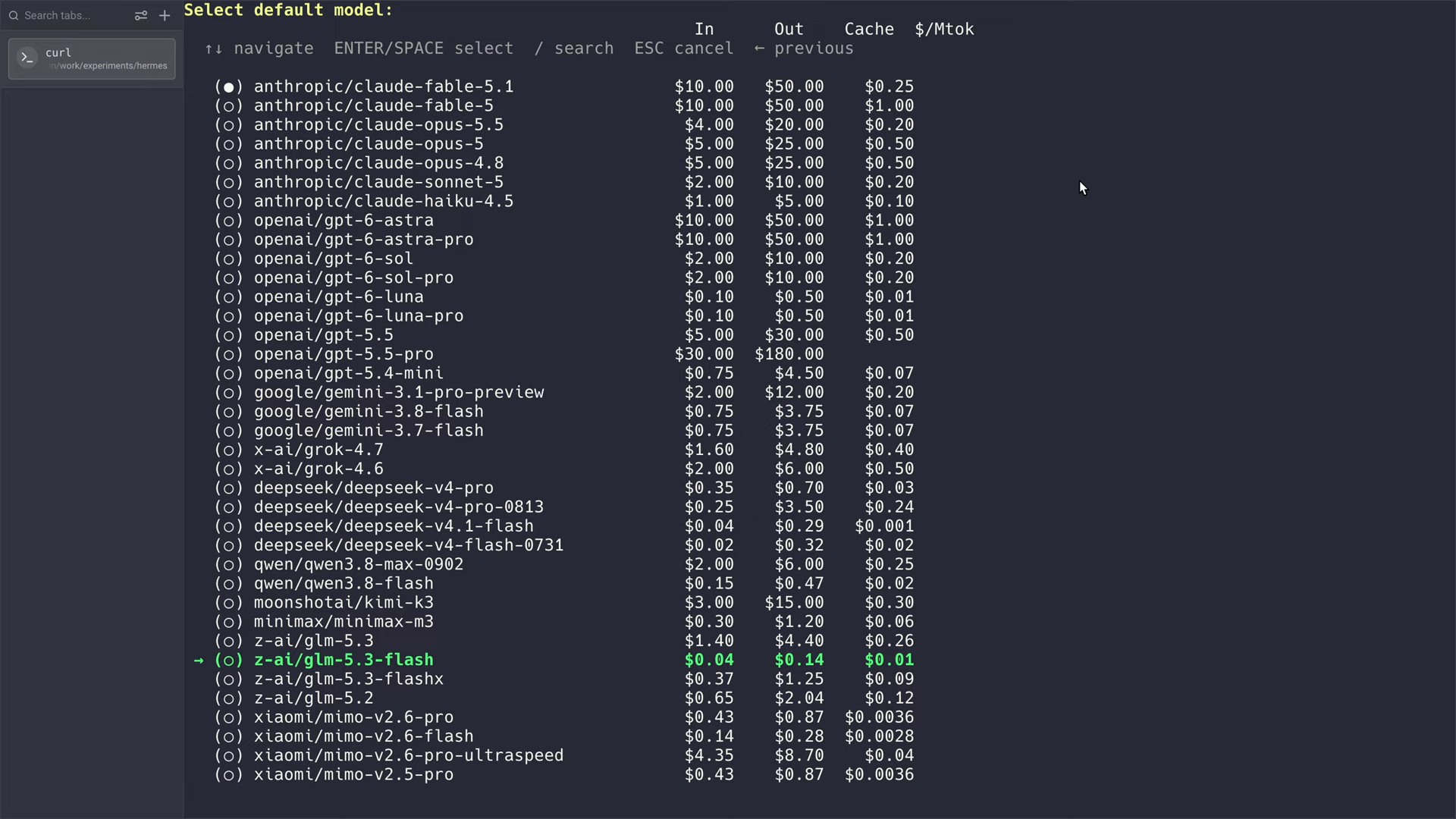 Hermes Agent Select default model list fetched from OpenRouter, with z-ai/glm-5.3-flash highlighted and prices per million tokens for each model