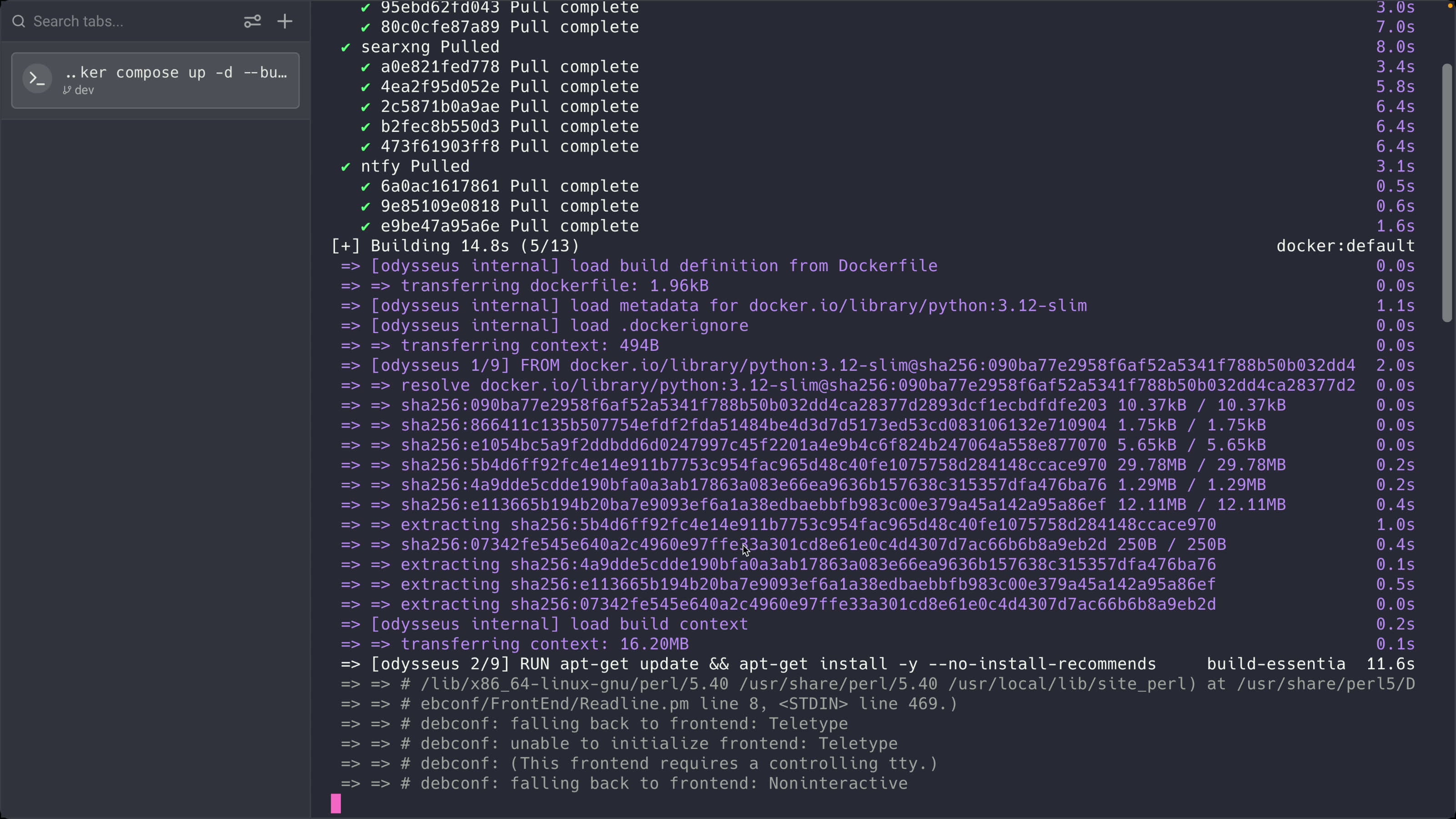Terminal running docker compose up with the Odysseus, ChromaDB, SearXNG and ntfy services being pulled