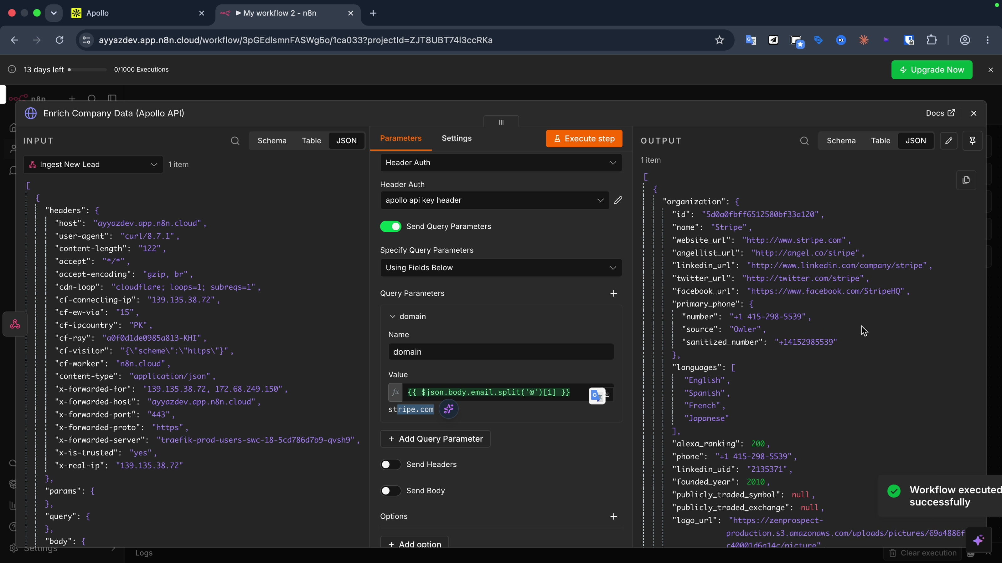 Apollo enrichment returning full Stripe company data as JSON, with the API key stored as a header credential