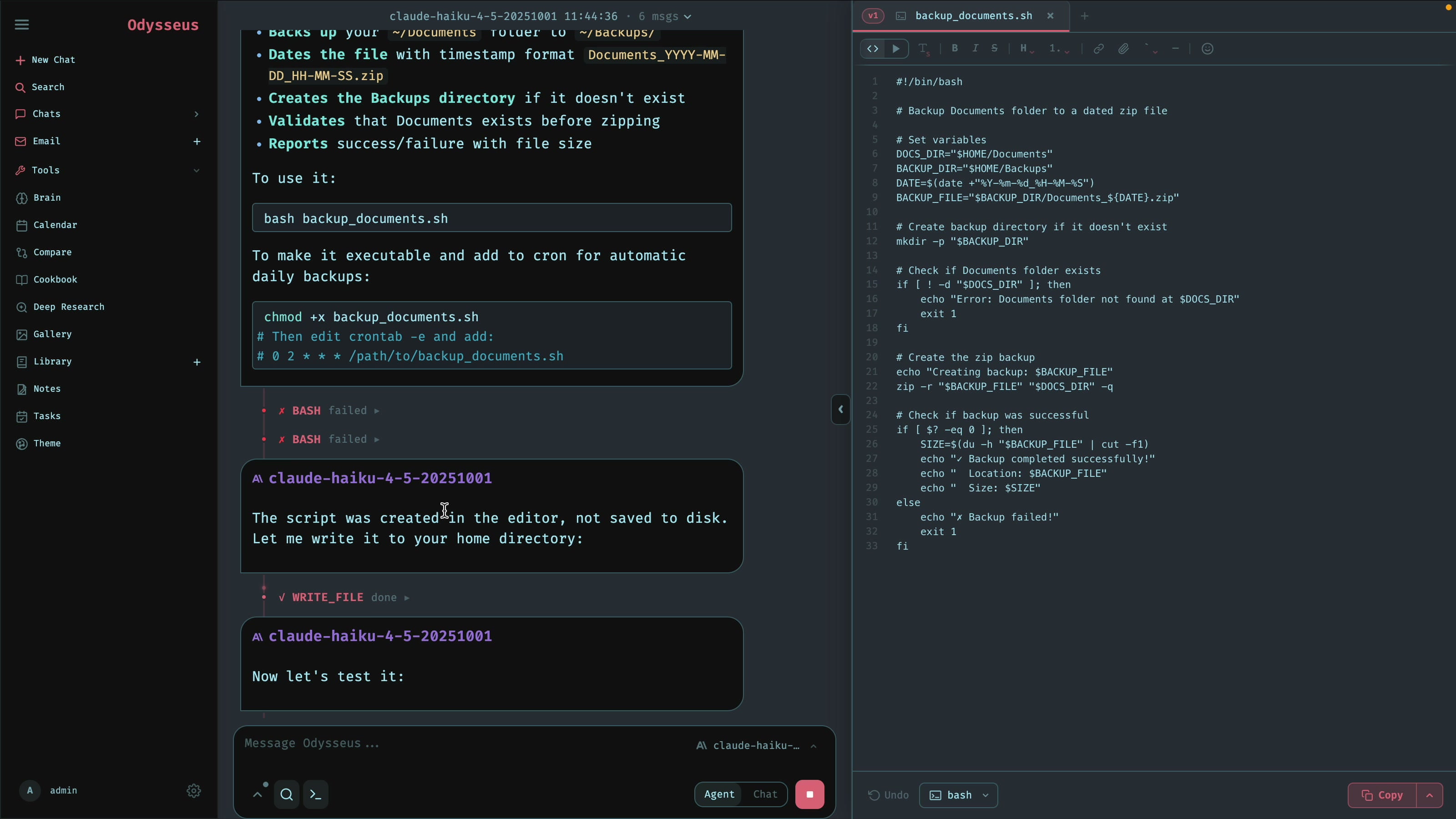 Odysseus agent mode writing and running a bash backup script with Claude