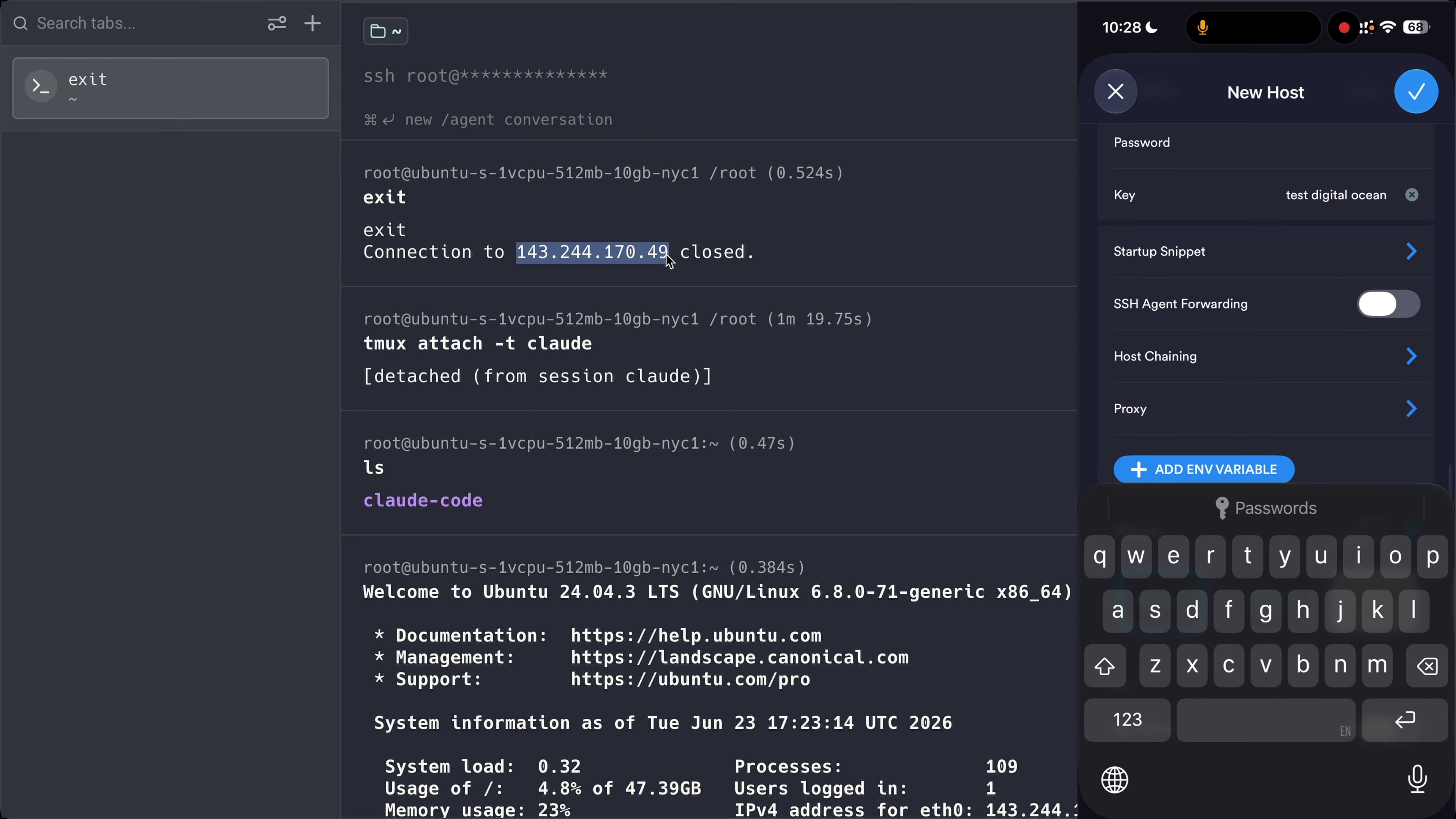 Phone SSH app reattaching to the tmux Claude Code session on the cloud server