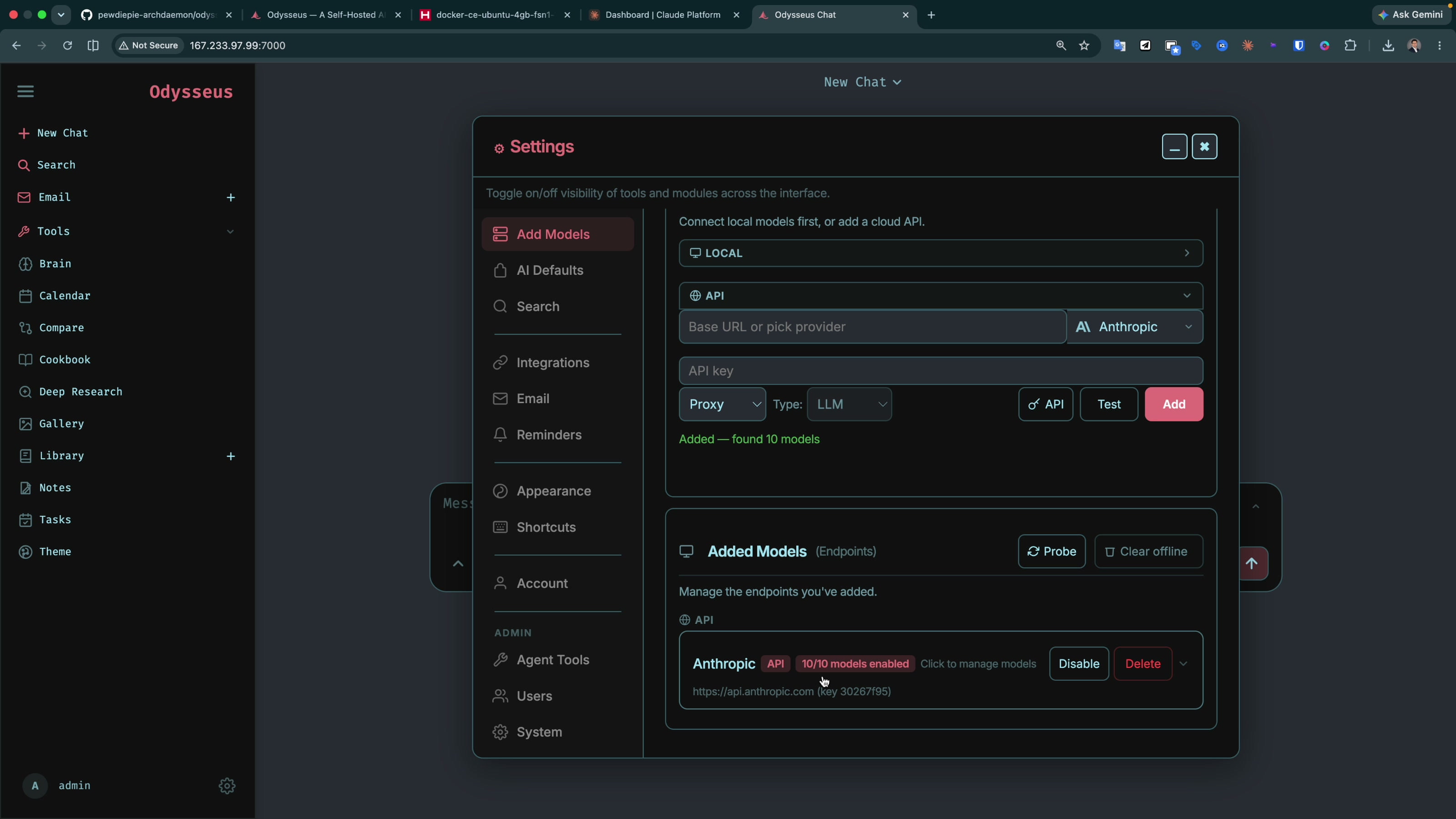 Odysseus settings panel adding an Anthropic API provider with a green found 10 models confirmation
