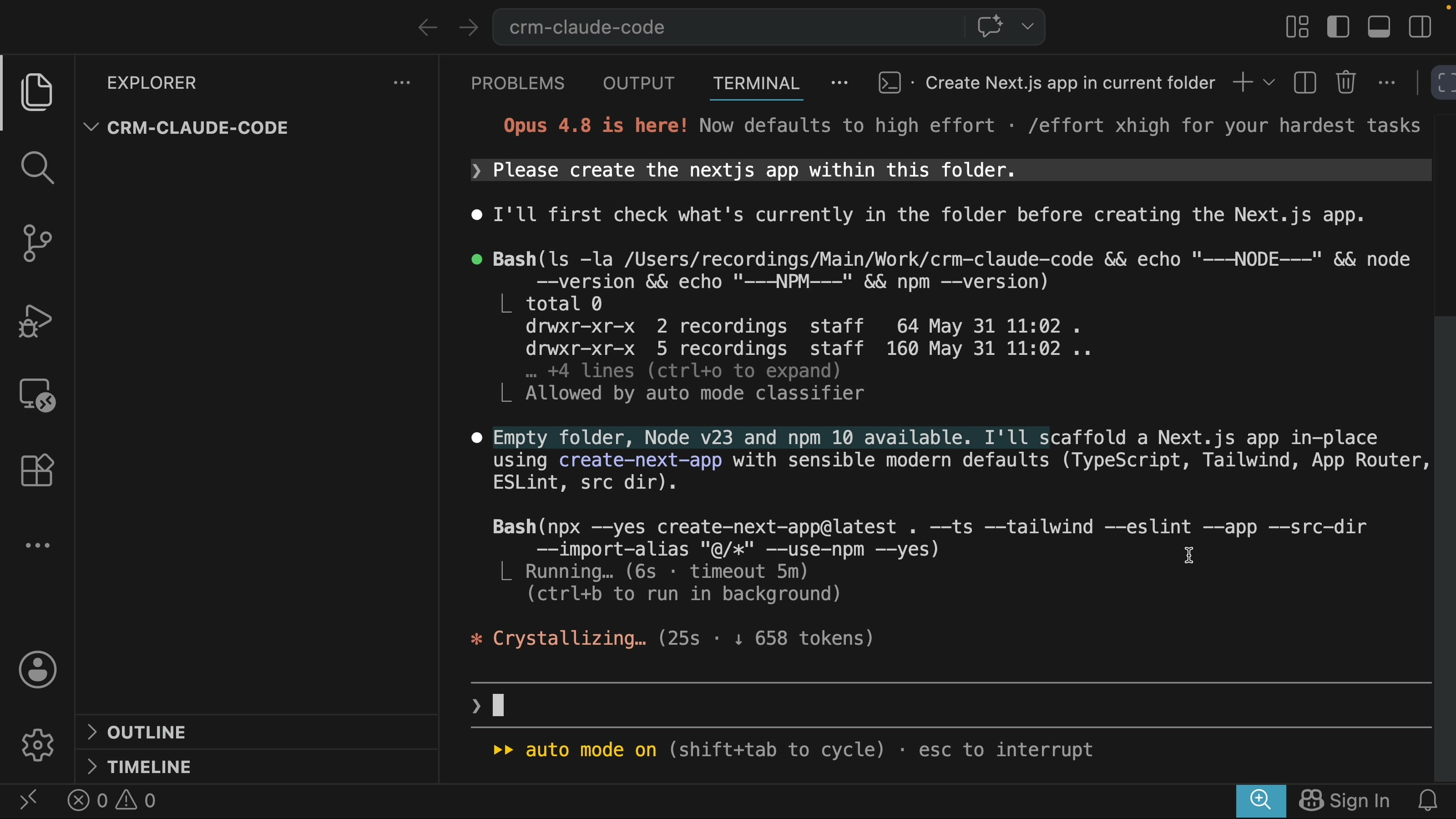 Claude Code terminal scaffolding a Next.js app with bunx