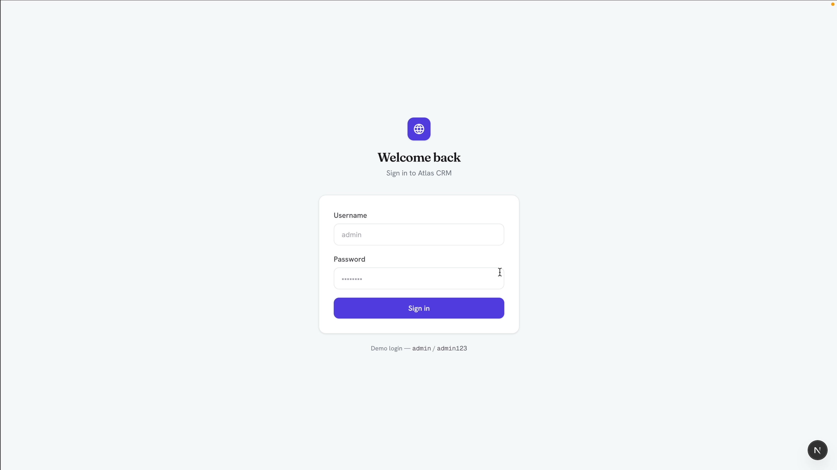 Atlas CRM login screen with username and password fields