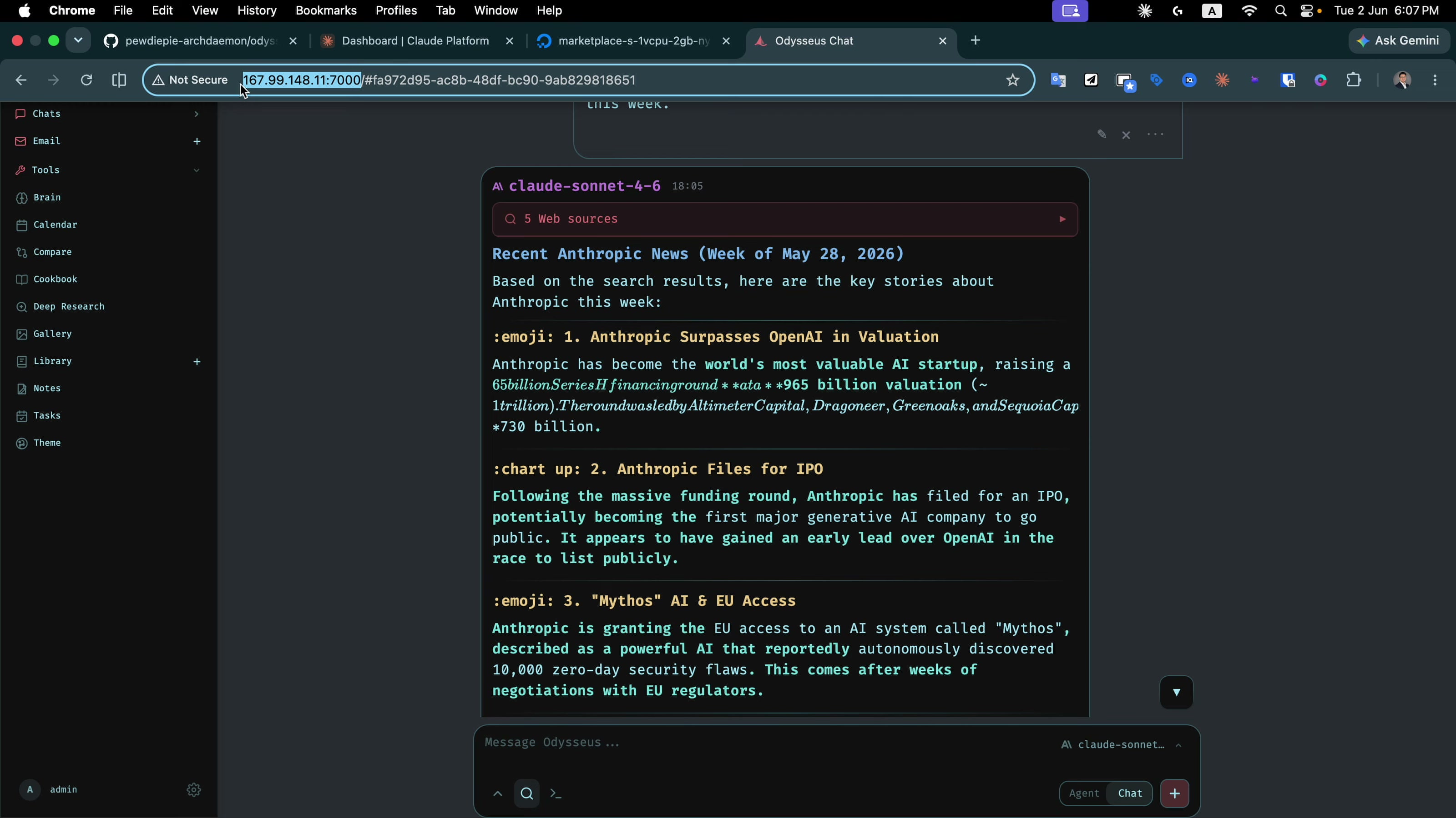 Odysseus answering with live web search results and citations via SearXNG