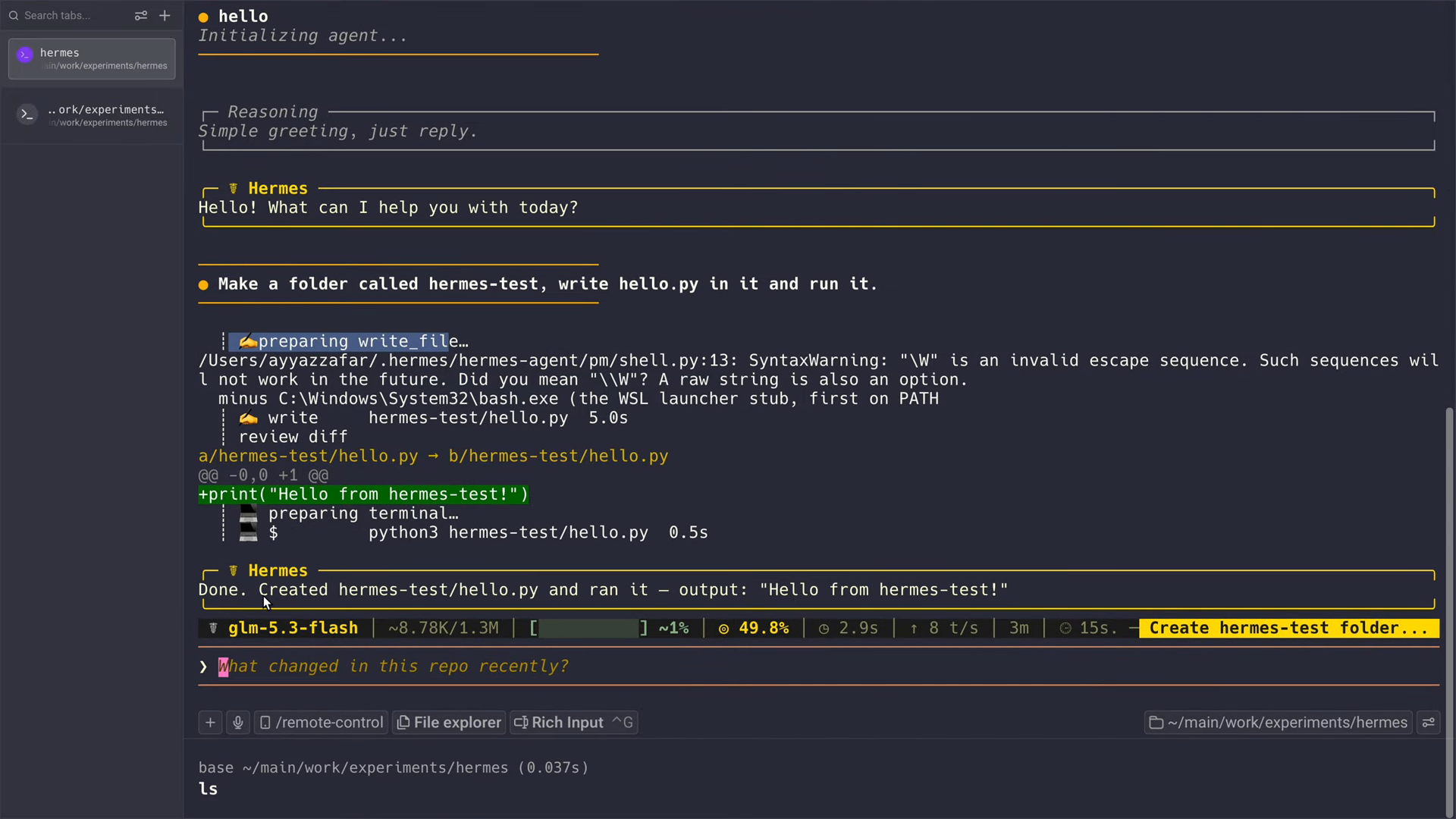 Hermes Agent confirming it created hermes-test/hello.py and ran it, showing the script output