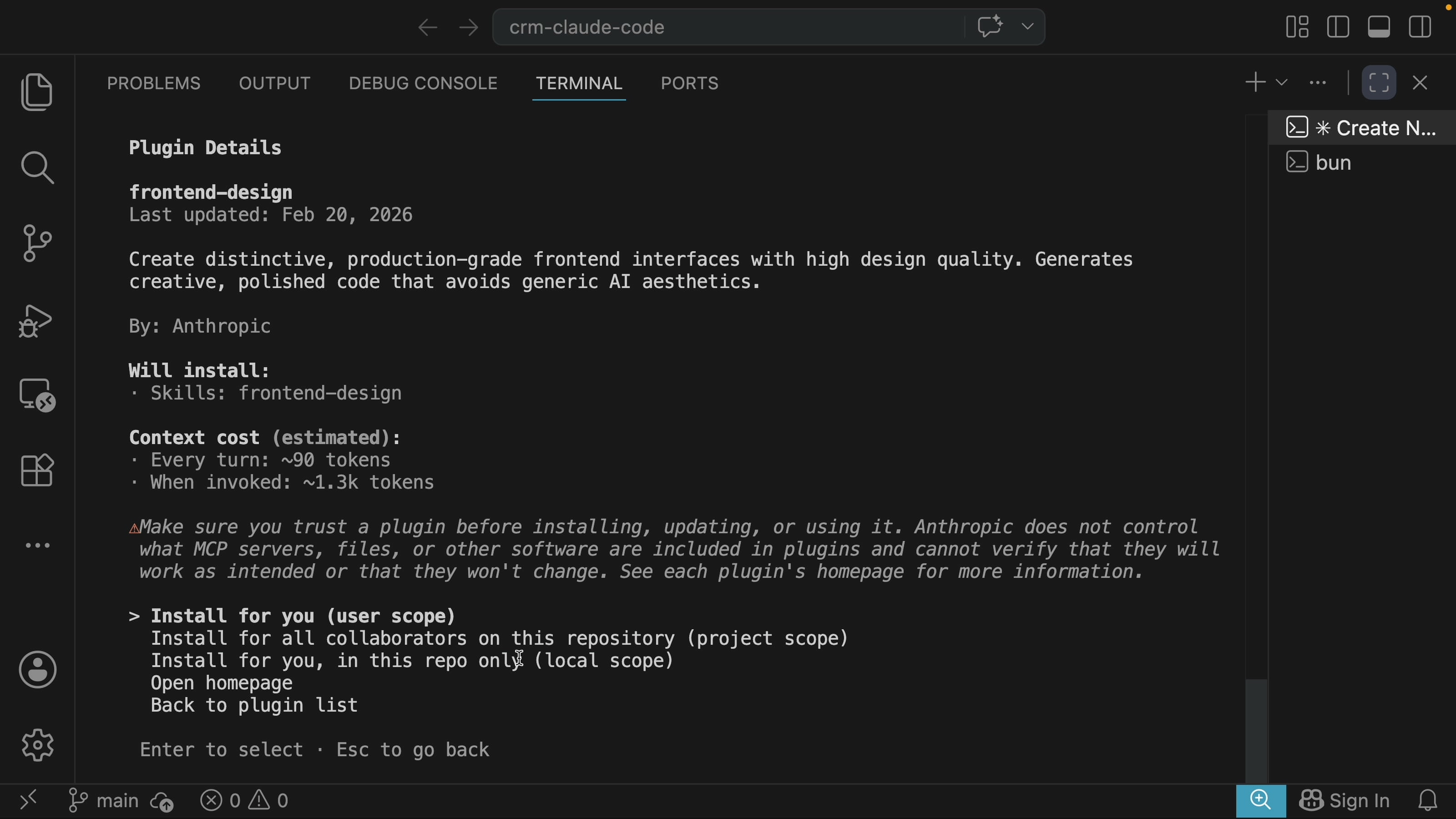Claude Code frontend-design plugin details with install scope options: user, project, or local