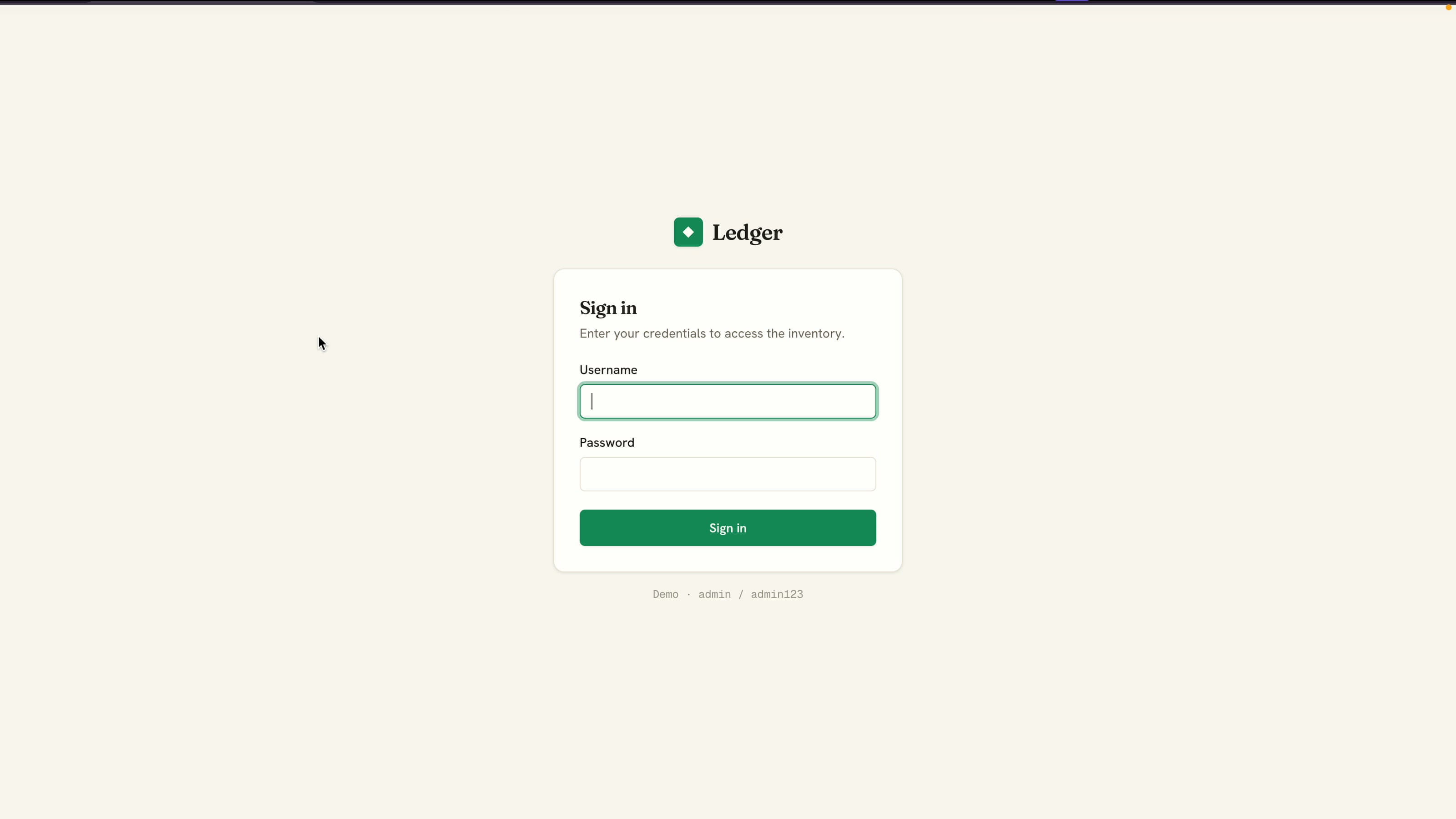 Ledger inventory login screen with username and password fields