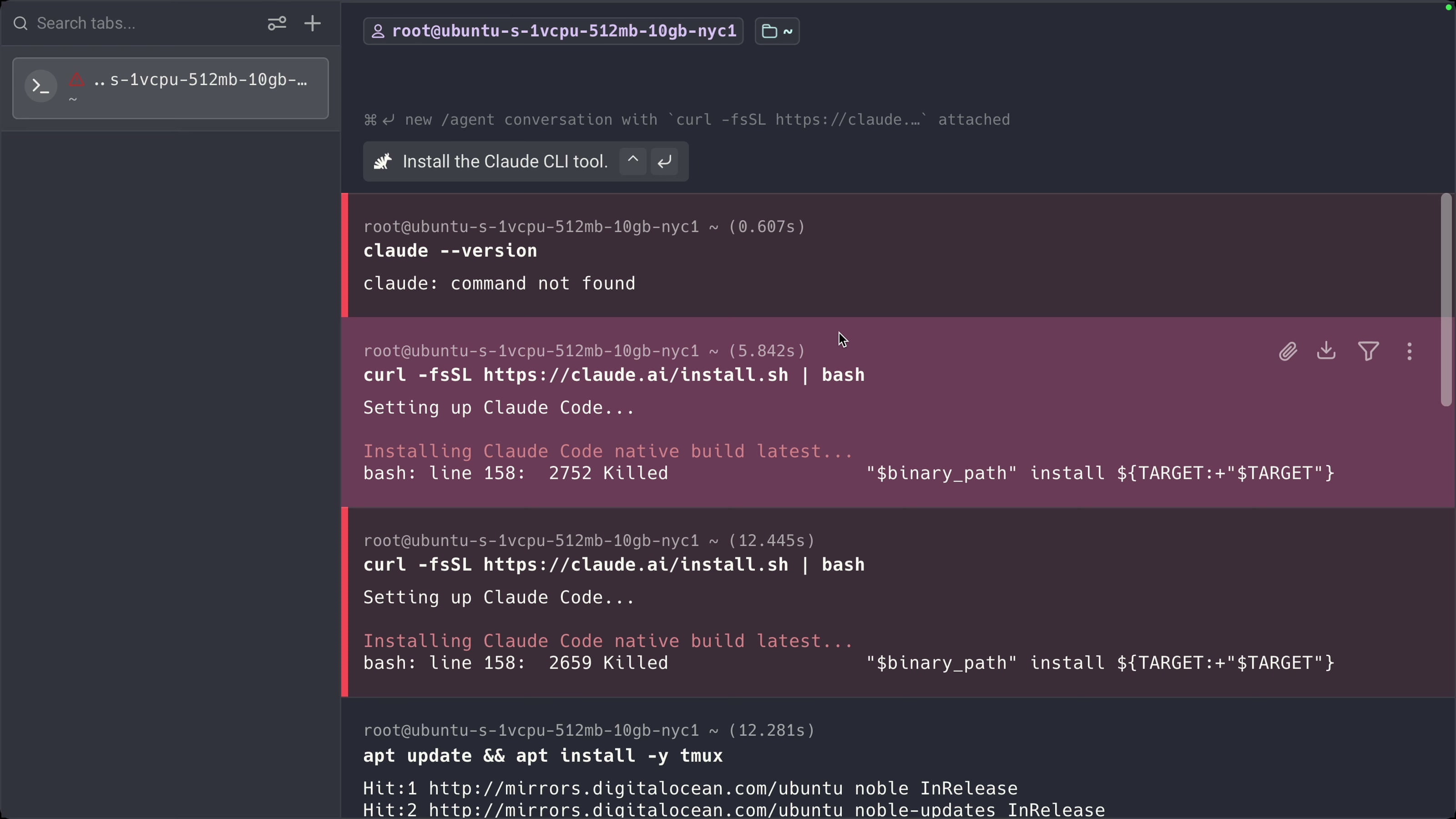 Terminal showing the Claude Code installer being killed mid-install on a small droplet due to RAM, then succeeding after resizing