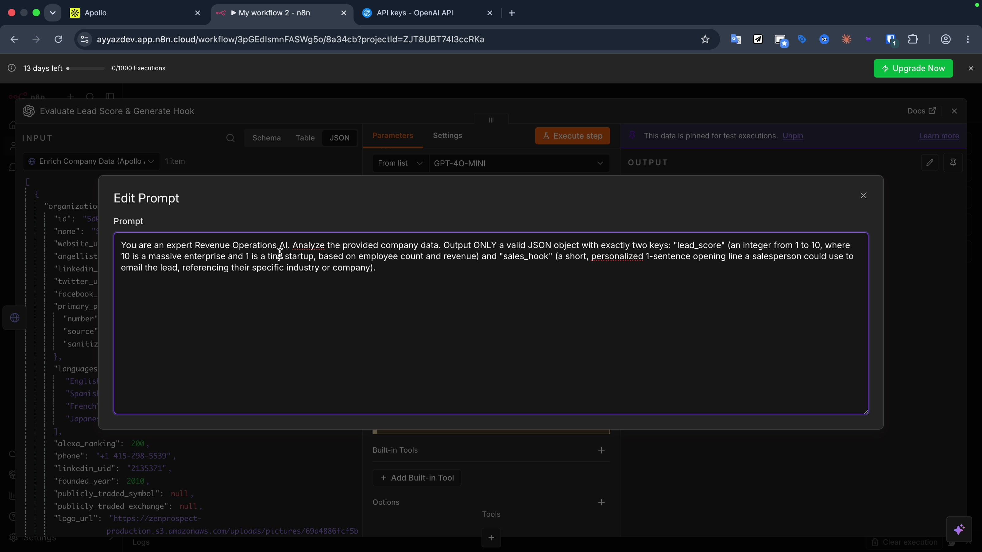 The OpenAI system prompt instructing the model to return a JSON object with lead_score and sales_hook