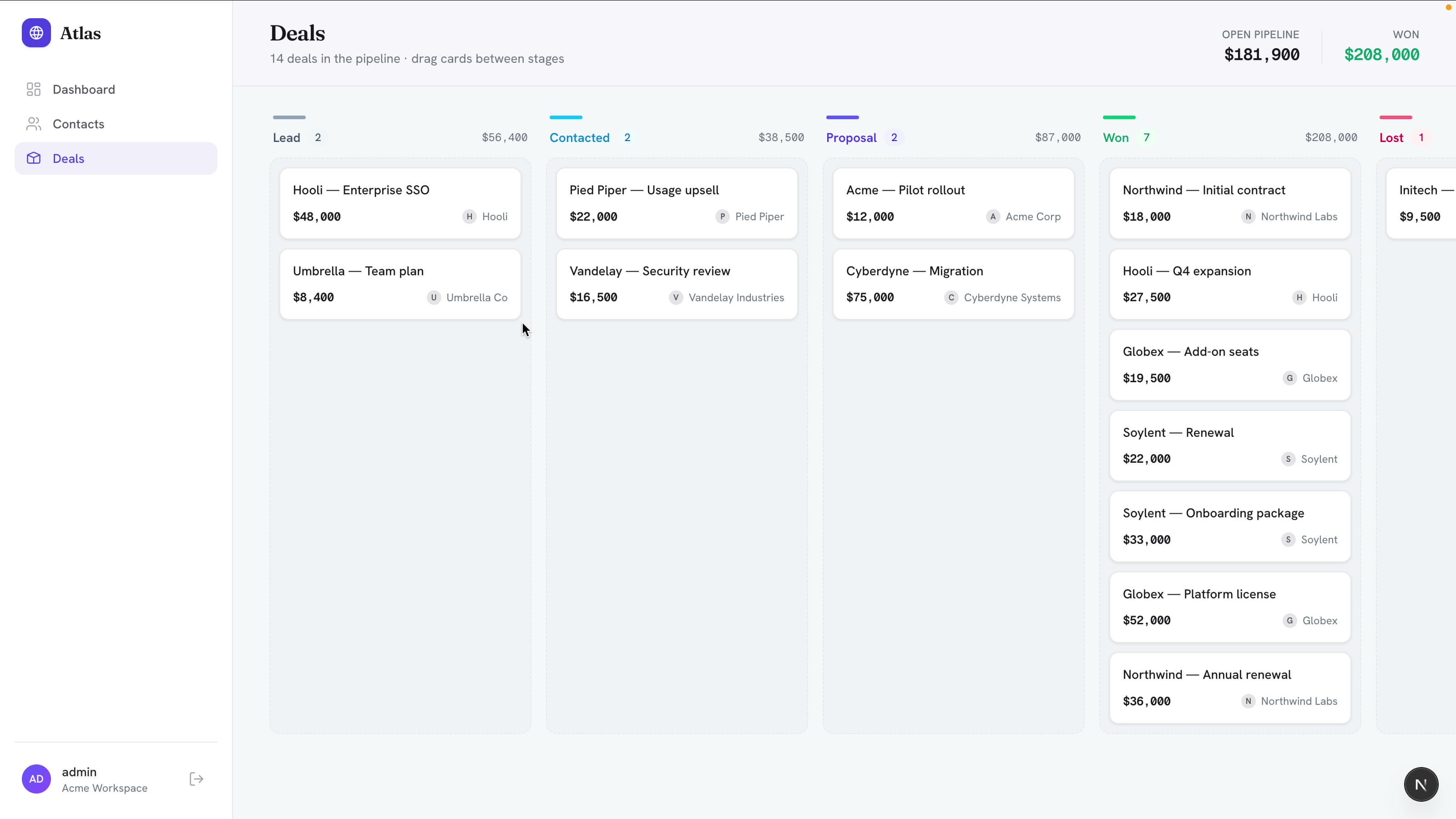 Drag and drop Kanban deal pipeline with Lead, Contacted, Proposal, Won and Lost columns and pipeline totals