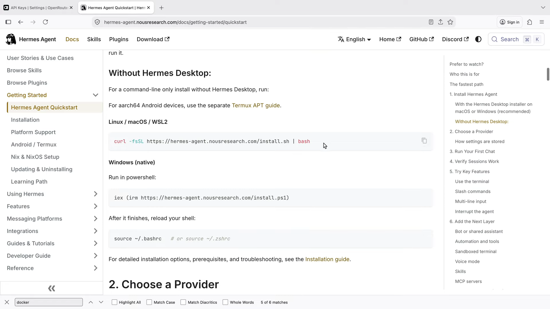 Hermes Agent Quickstart docs showing After it finishes, reload your shell, with source ~/.bashrc or source ~/.zshrc