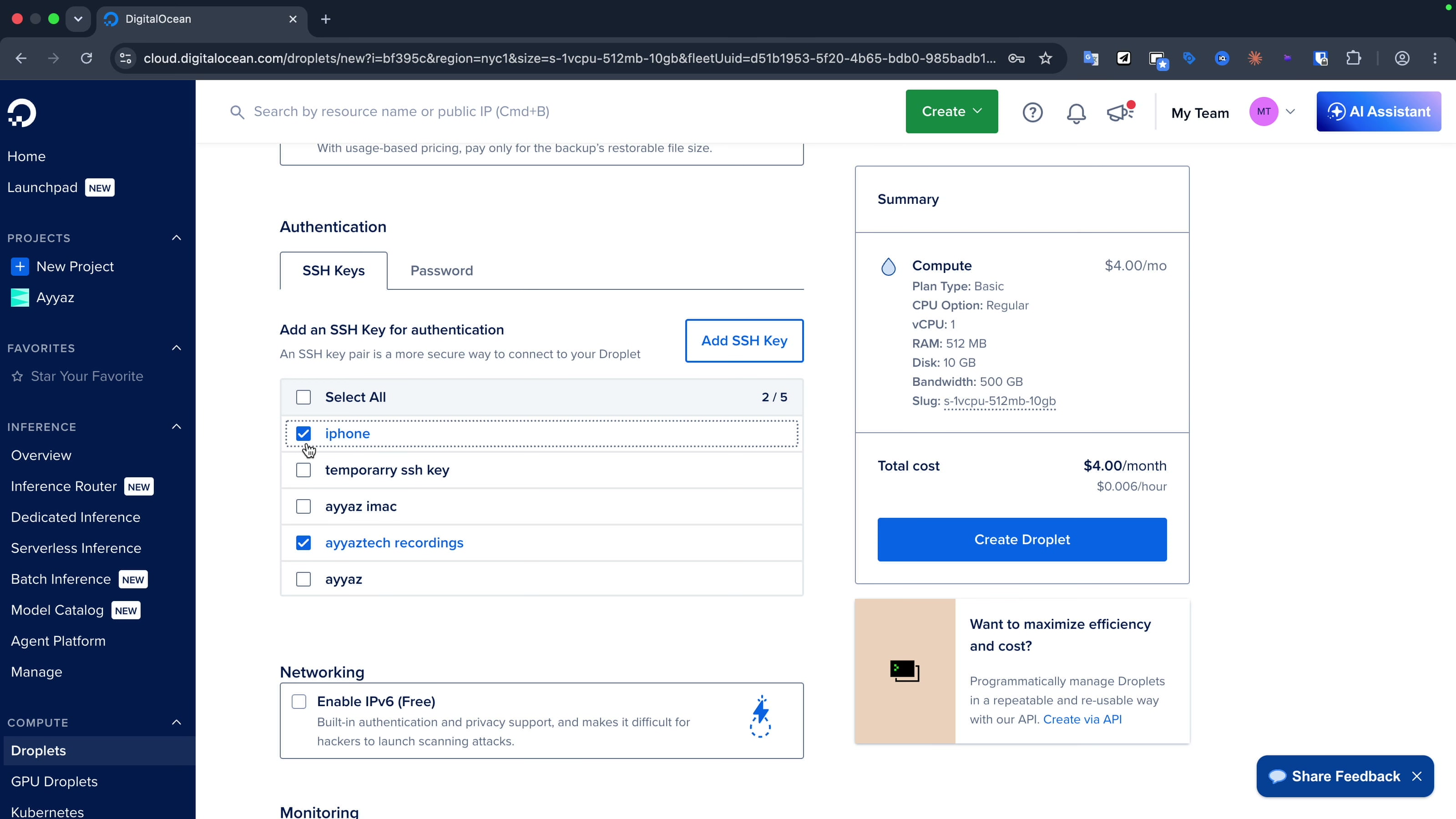 DigitalOcean SSH key picker showing multiple keys selected including a phone key