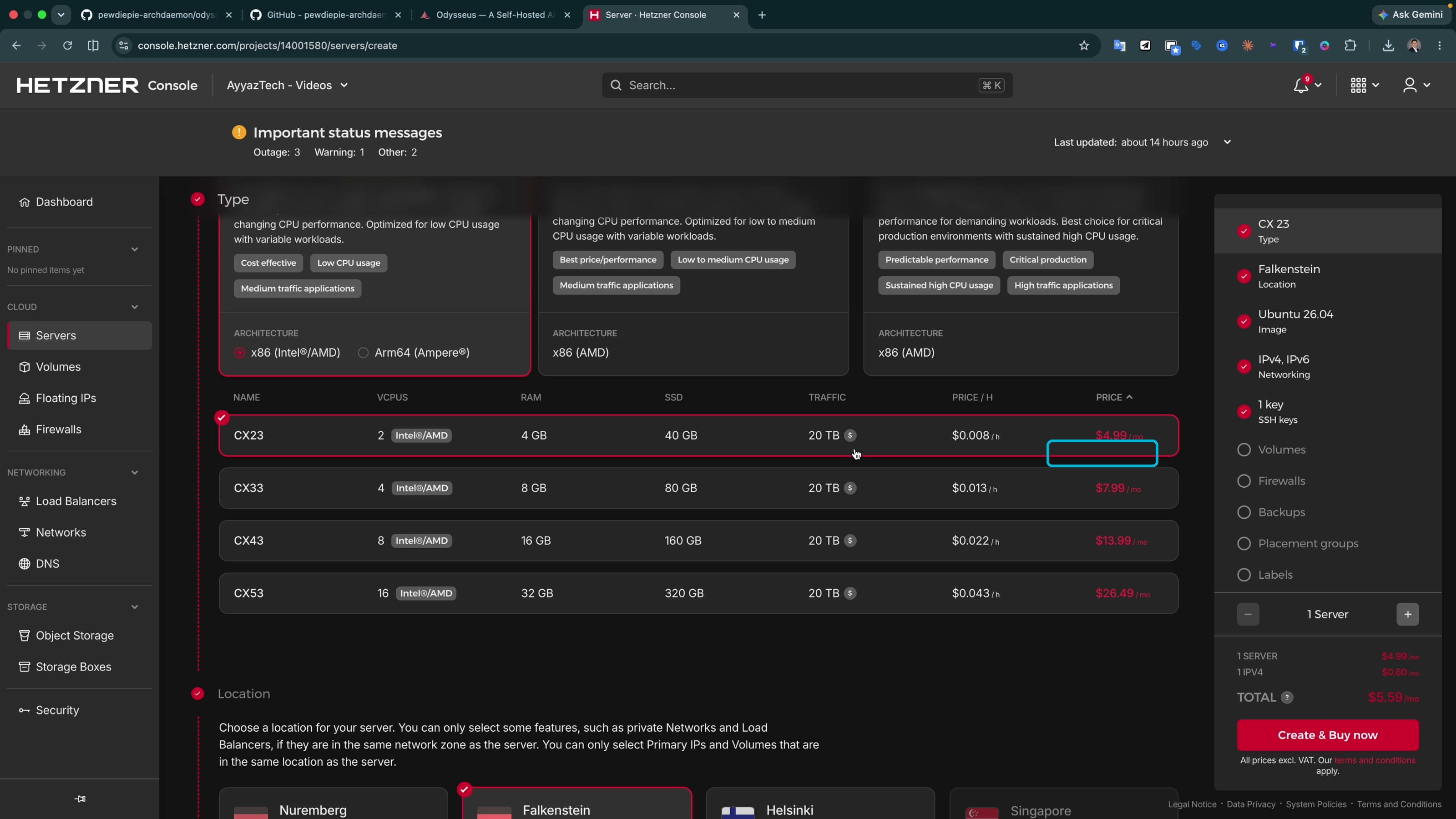 Hetzner Cloud server plan selection showing the CX23 plan at 4.99 dollars per month with 2 vCPUs and 4 GB RAM