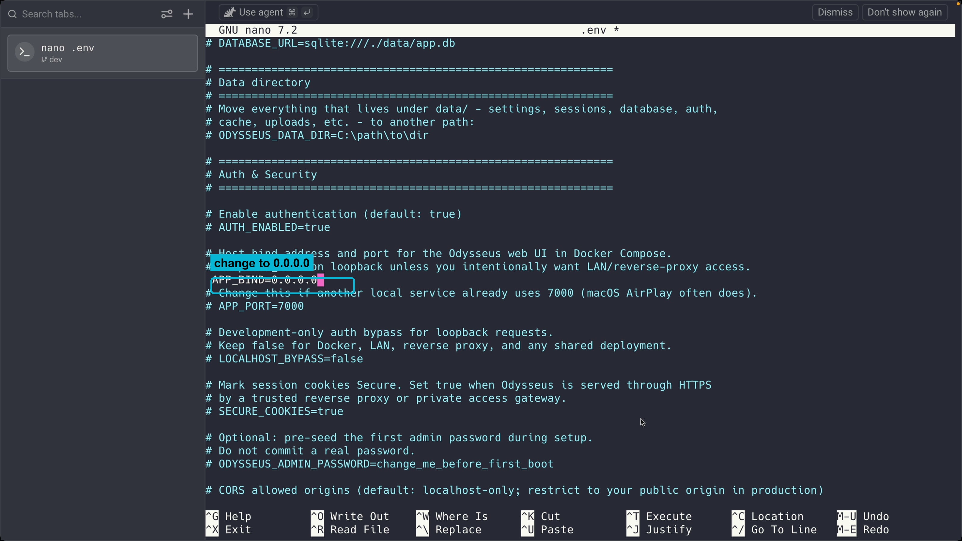 nano editor showing APP_BIND set to 0.0.0.0 in the Odysseus .env file