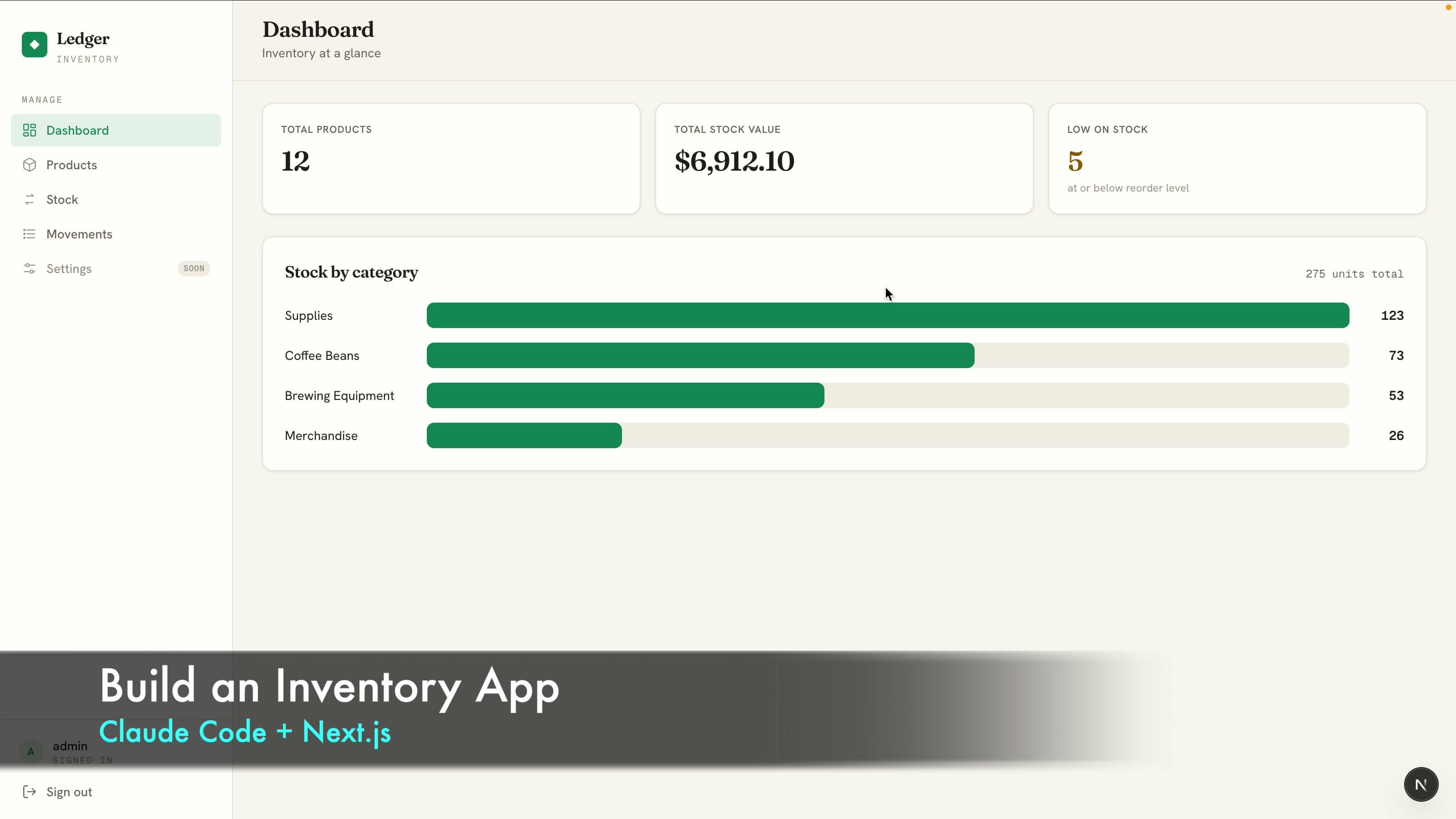 Finished inventory management system dashboard built with Claude Code and Next.js