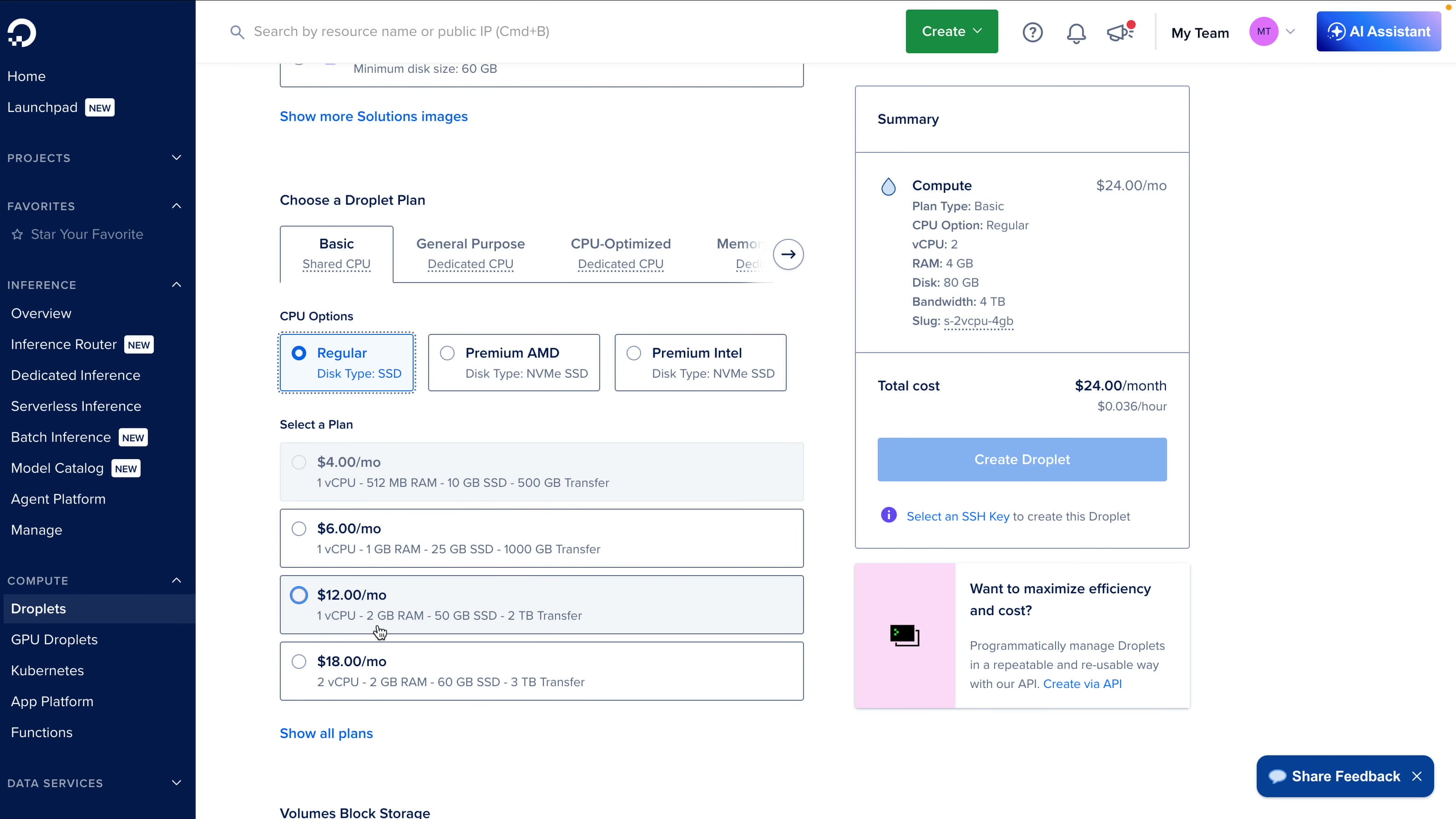Creating a DigitalOcean droplet and choosing a plan