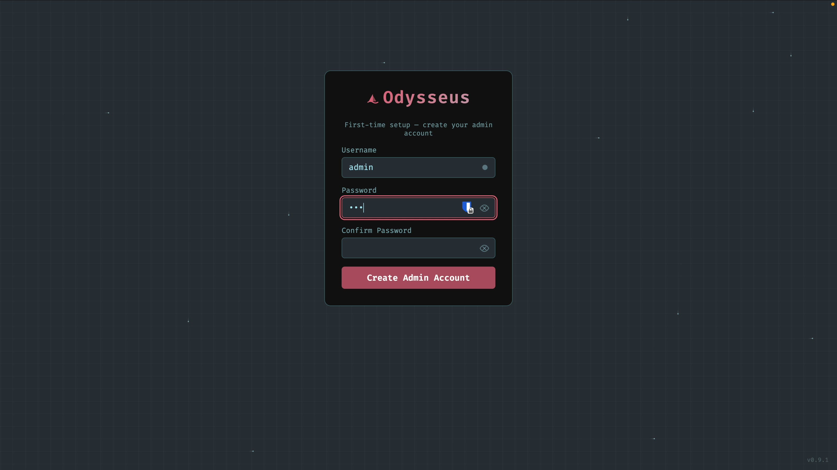 Odysseus create admin account screen
