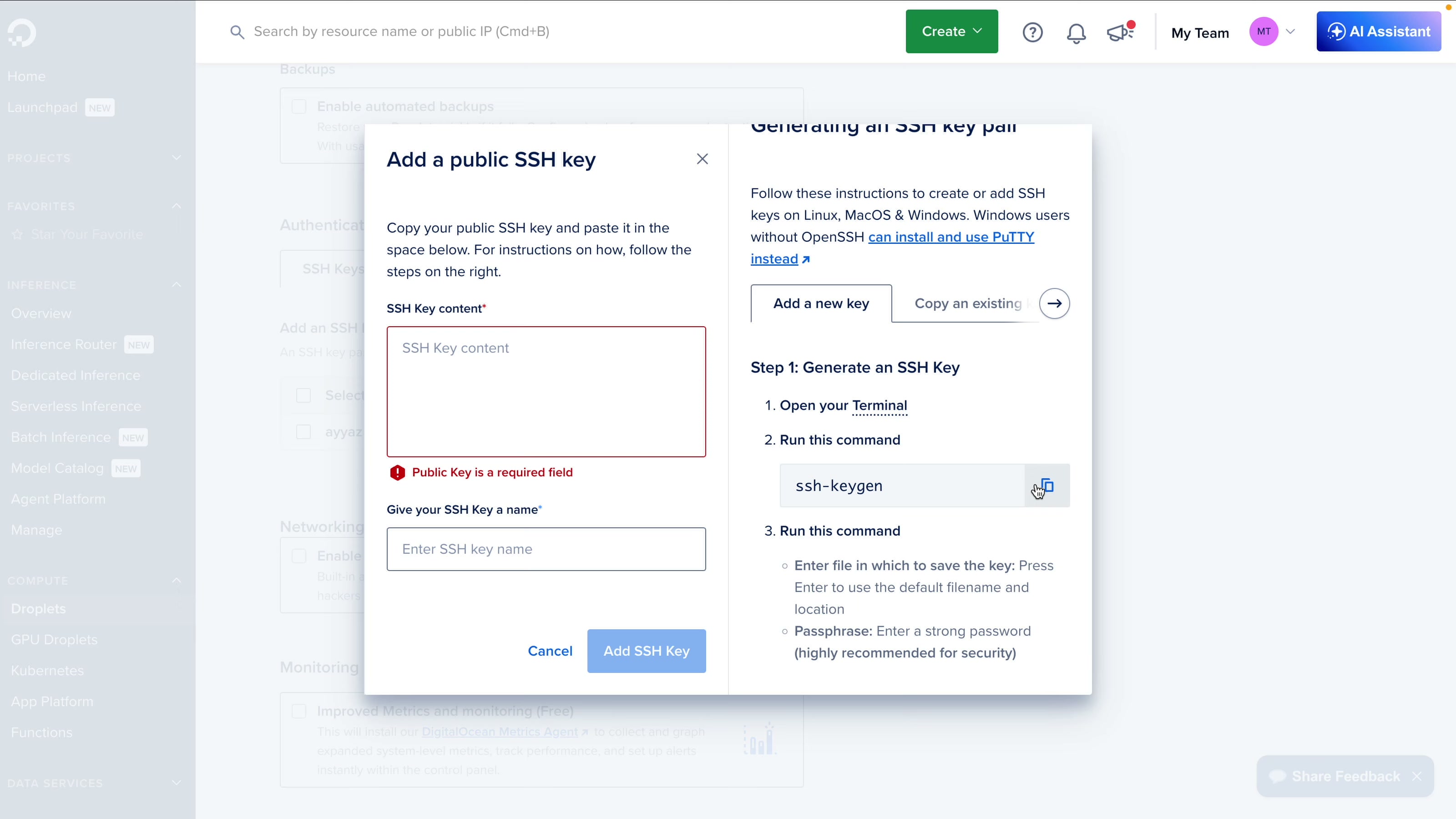 Adding a public SSH key to the DigitalOcean droplet