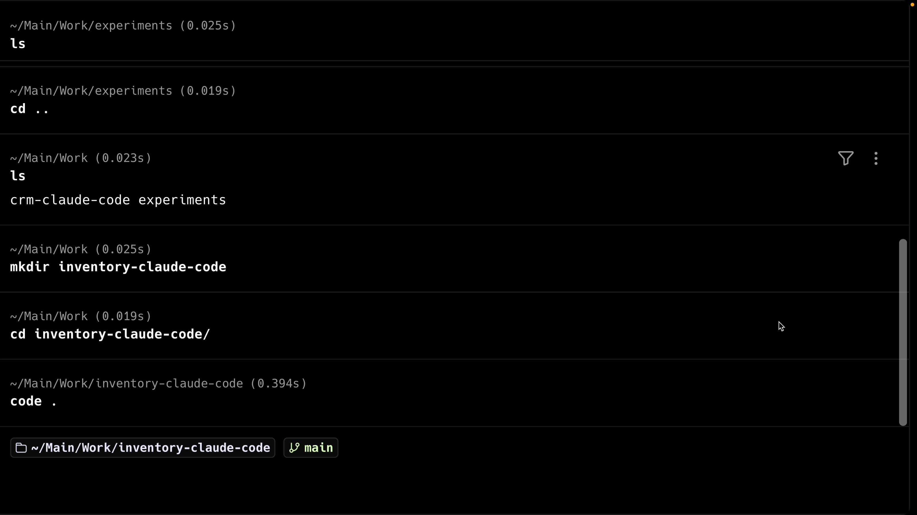 Terminal creating the project folder and opening it in VS Code