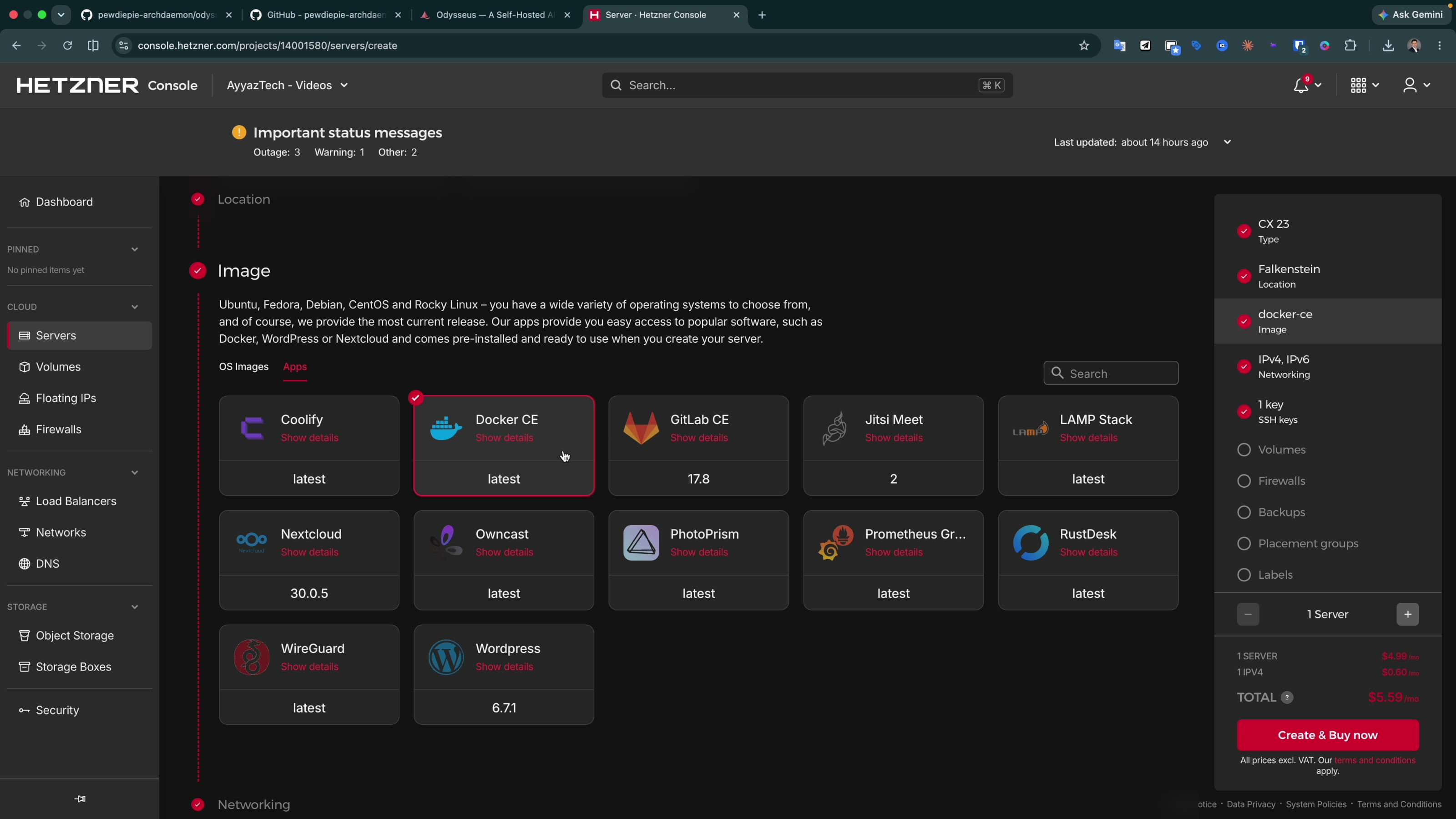 Hetzner image selection with the Apps tab open and the Docker CE app image selected