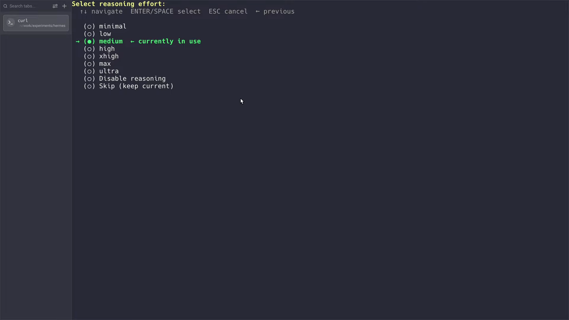 Hermes Agent reasoning effort prompt with medium selected