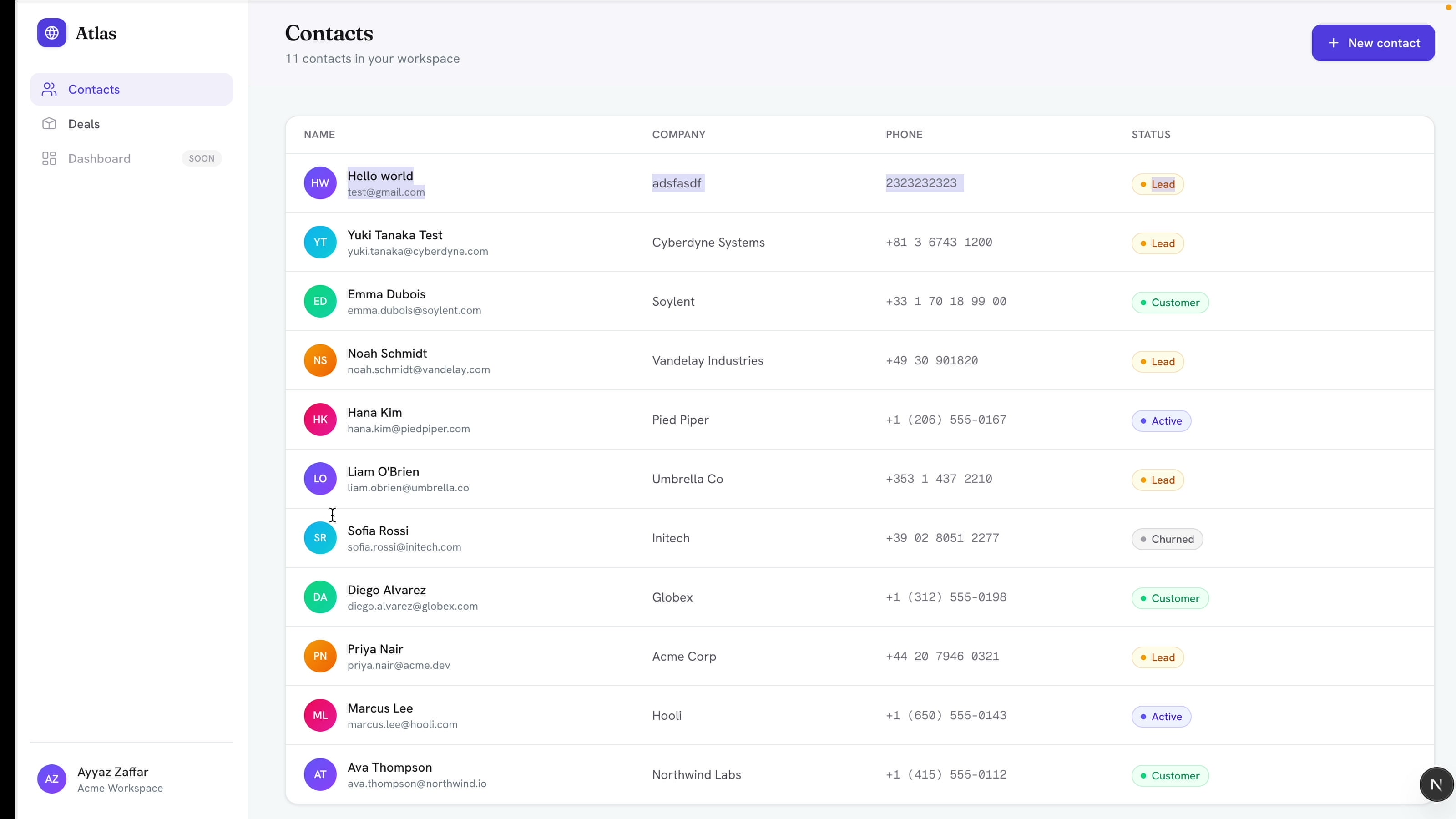 CRM contacts list with name, company, status, and phone columns
