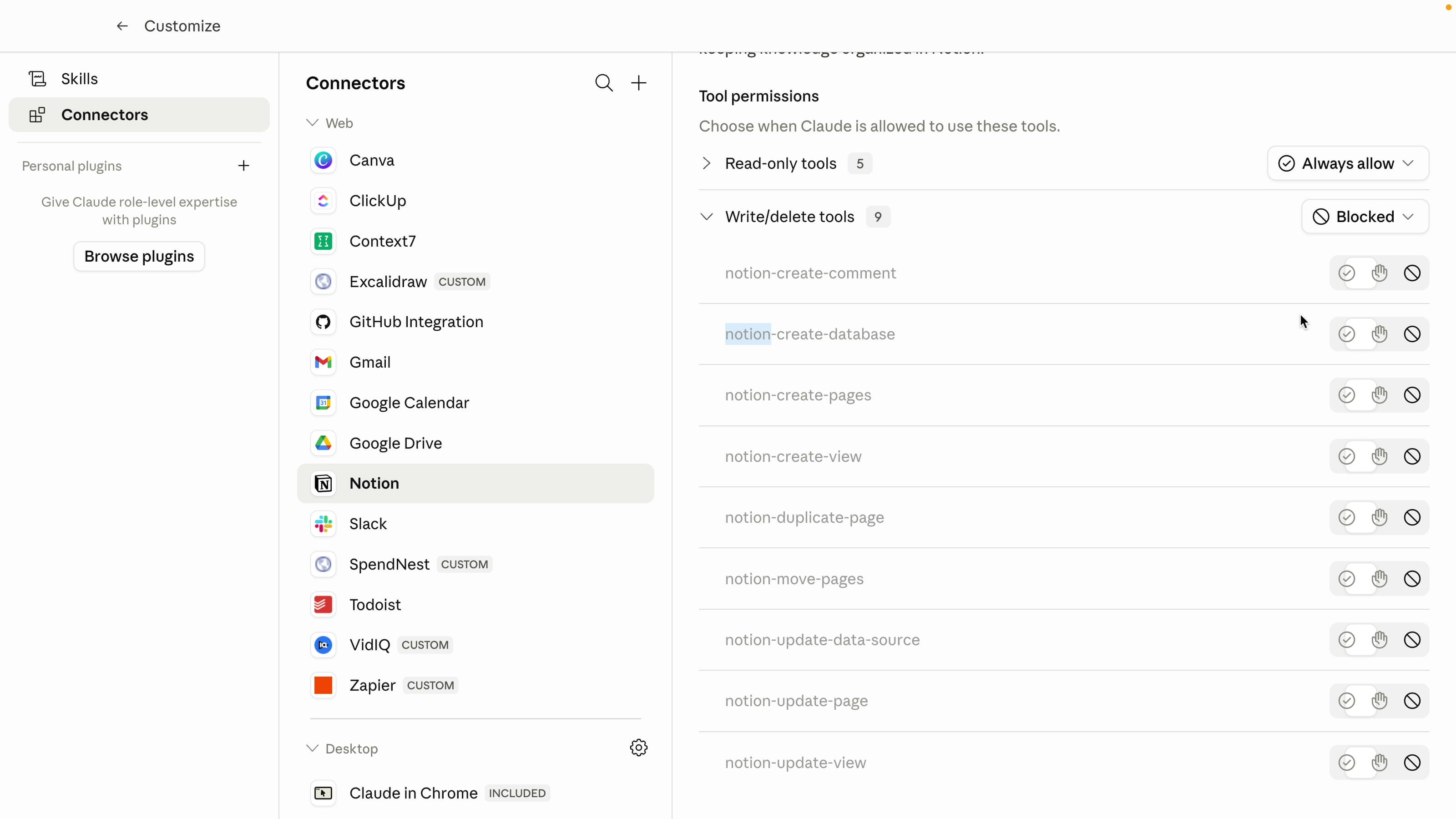 Claude tool permissions panel showing read-only tools allowed and write or delete tools blocked for Notion