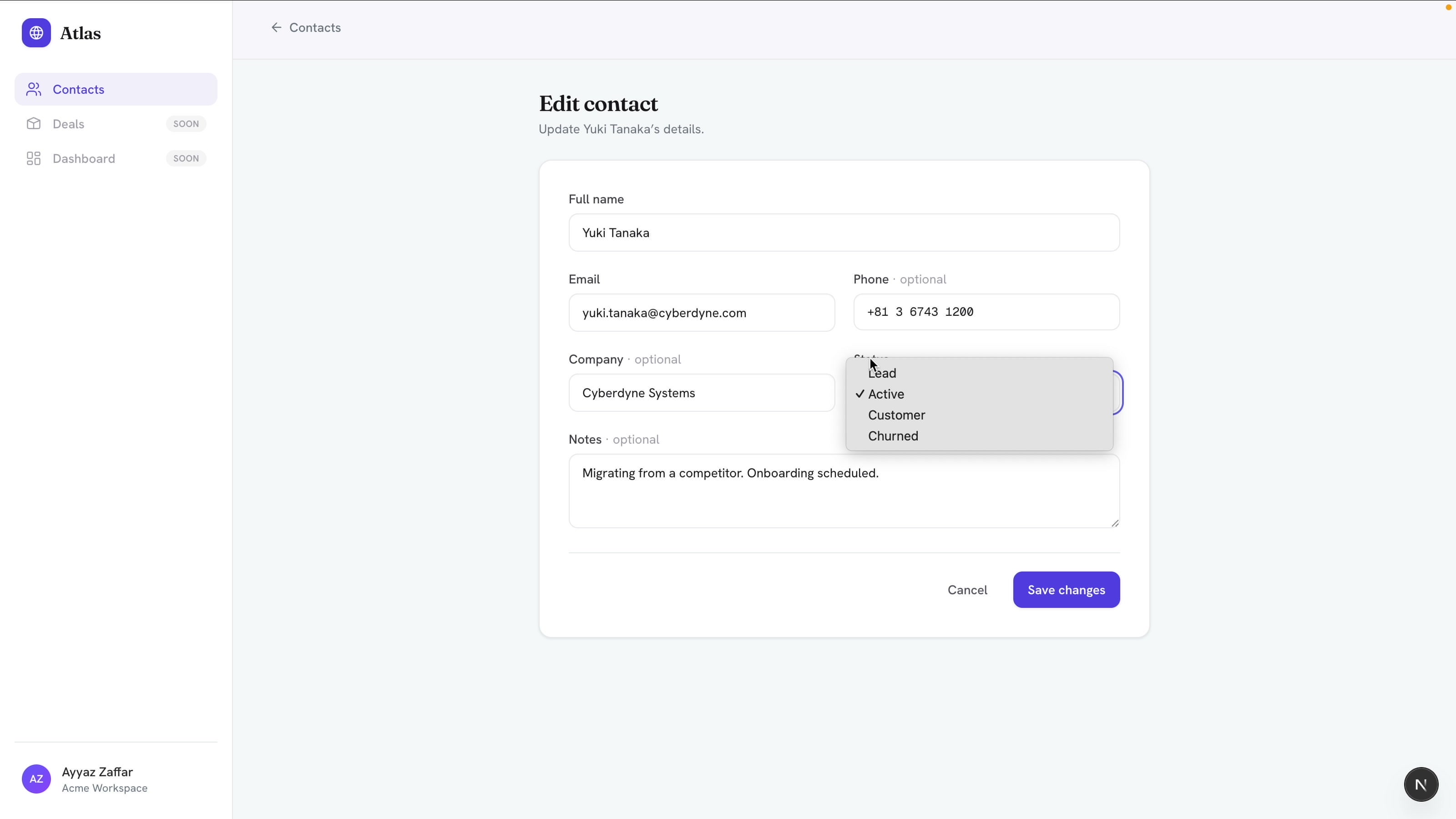 CRM edit contact form with full name, email, phone, company, status dropdown and notes