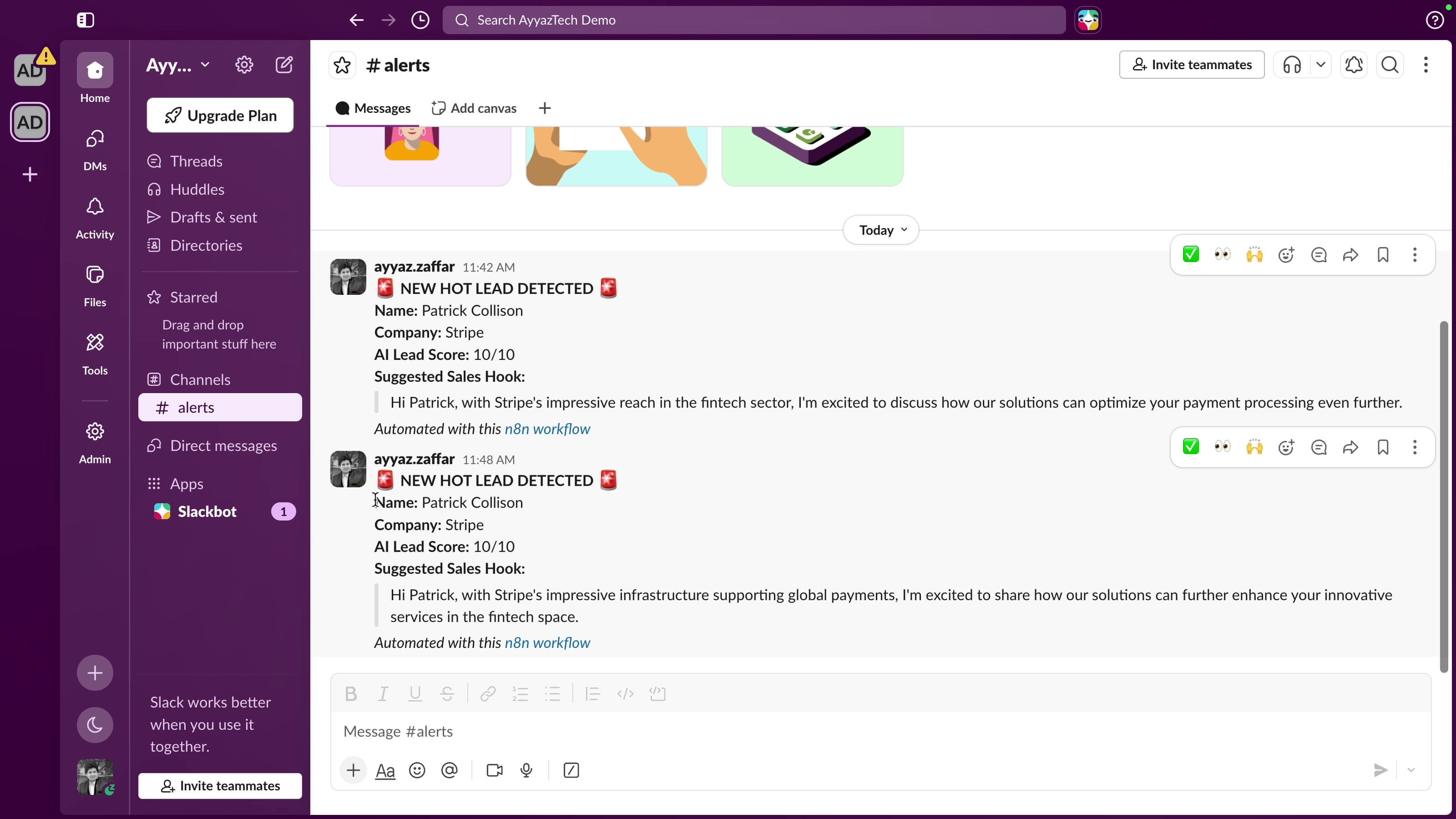 Slack alerts channel showing a rendered hot lead alert with name, company, score and AI sales hook