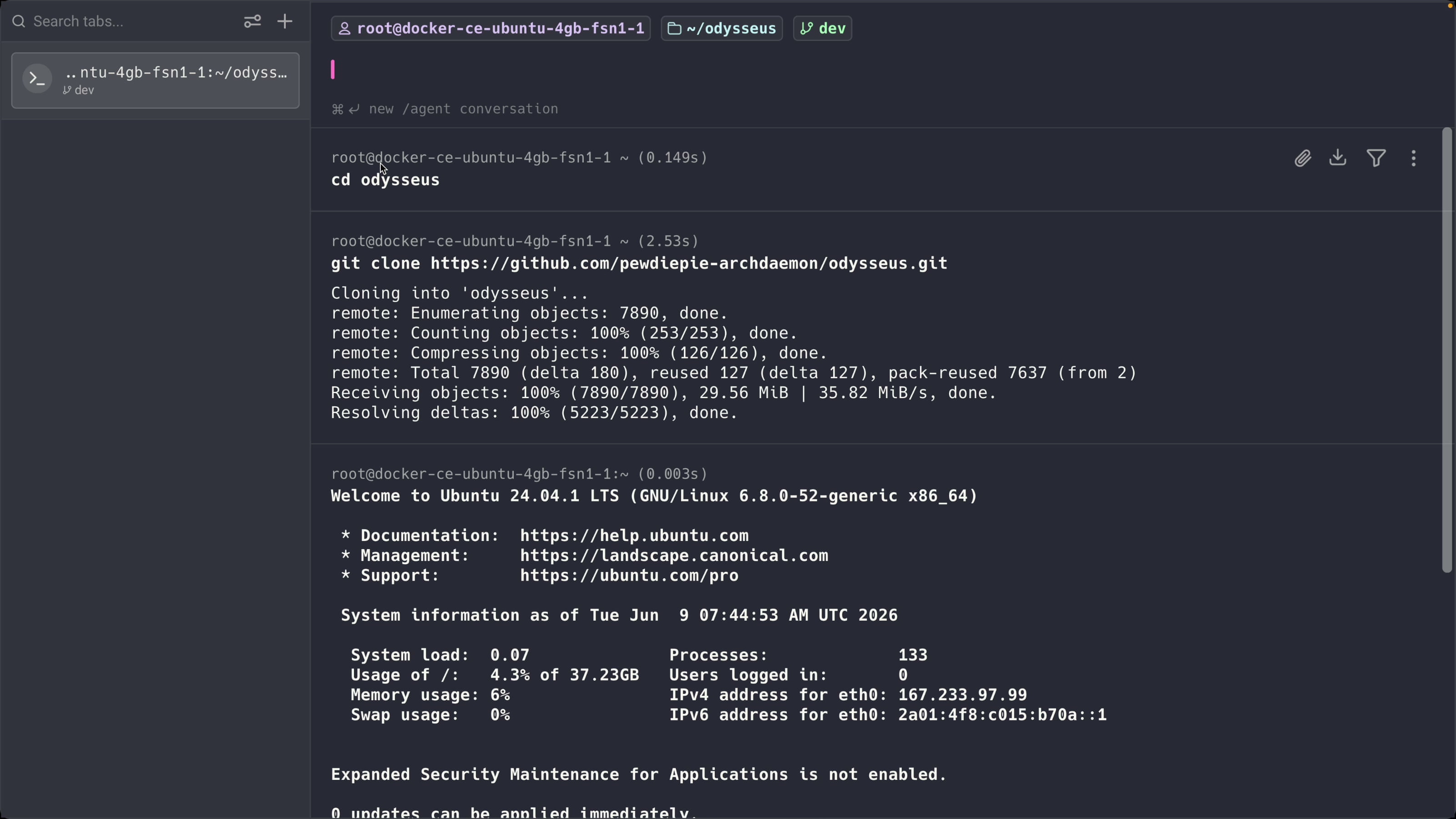 Terminal cloning the Odysseus GitHub repository on the server