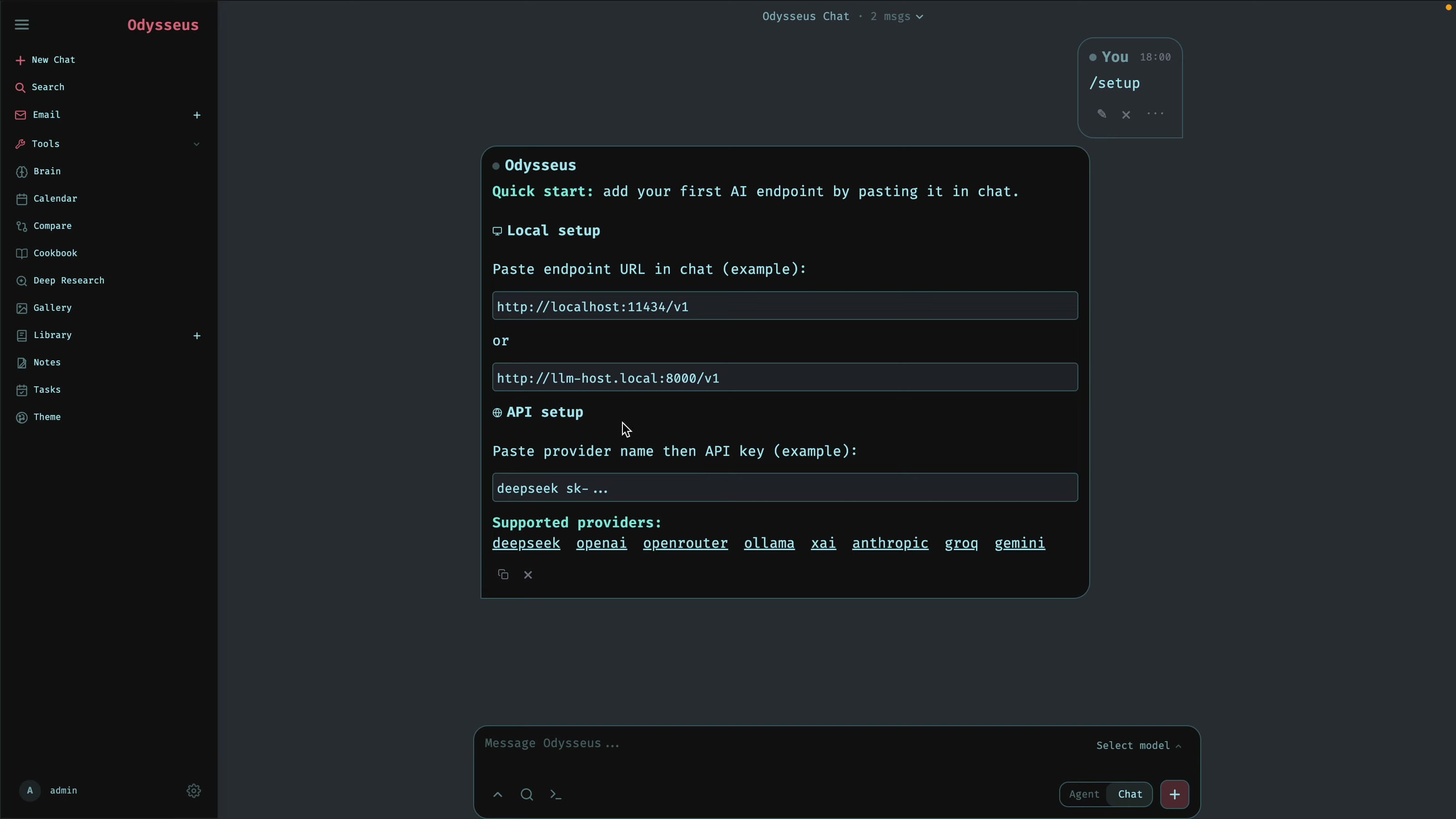 Odysseus setup prompting to add a Claude API key endpoint