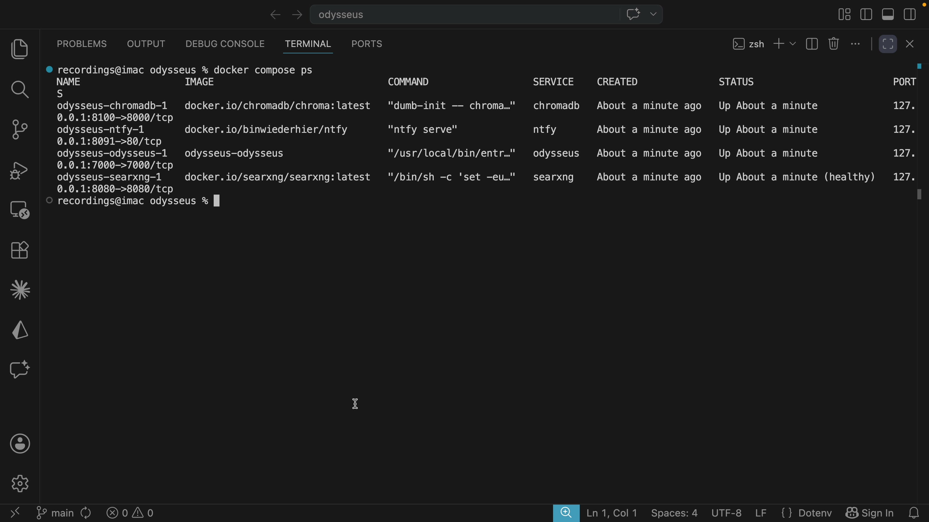 Terminal showing Odysseus Docker containers running and healthy