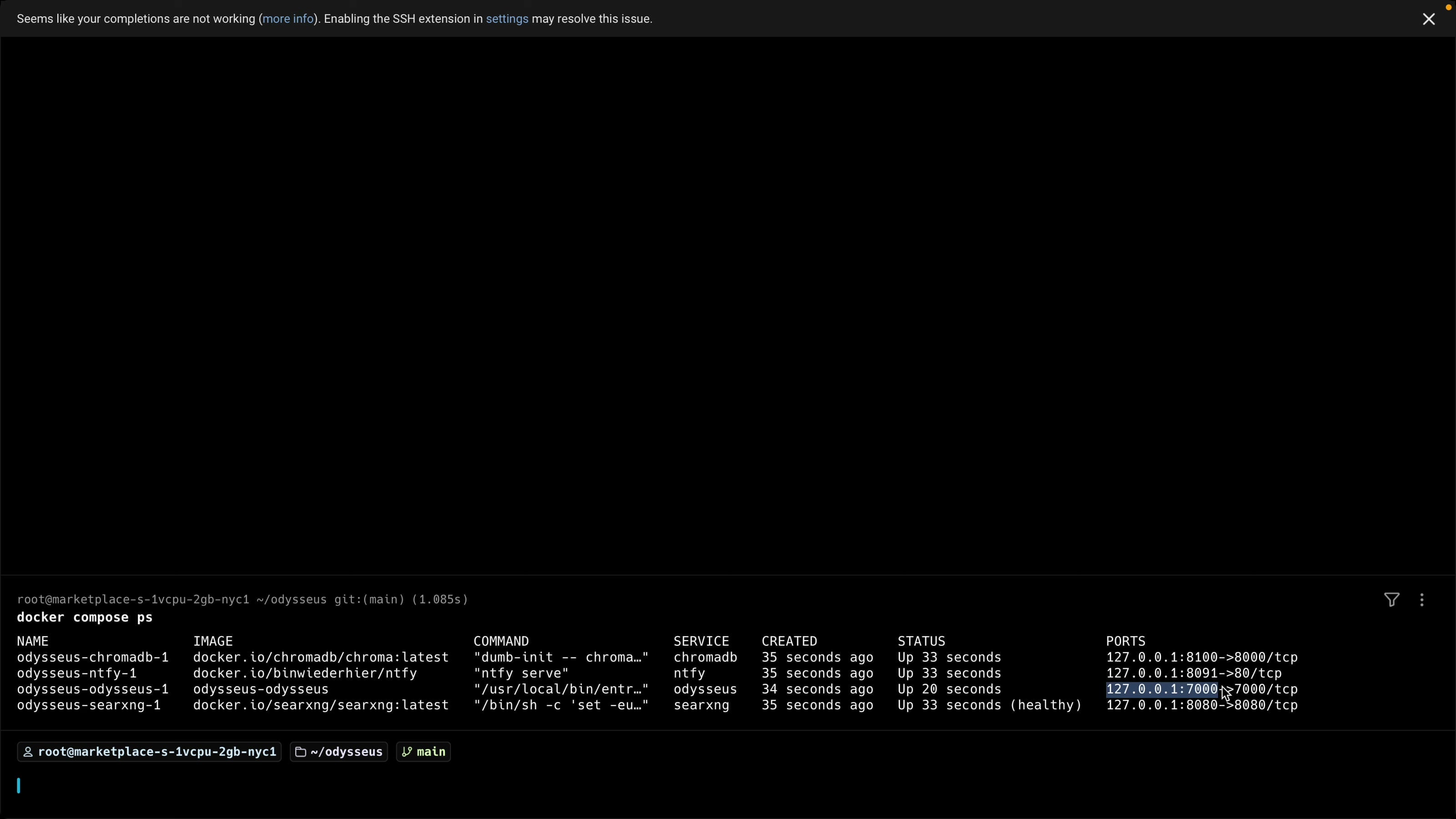 docker compose ps showing all Odysseus containers running and healthy