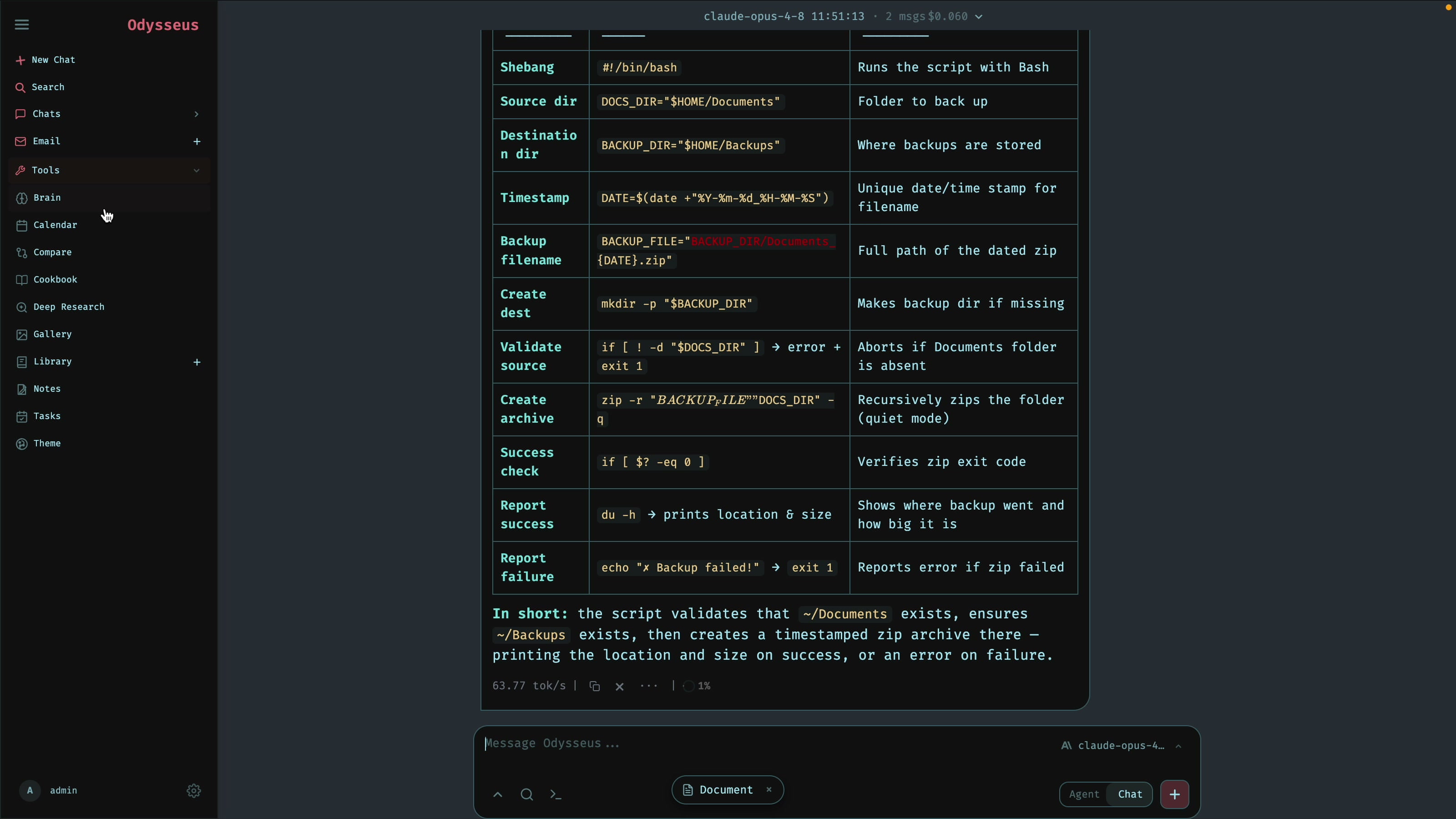 Odysseus chat mode summarizing code in a table with Claude